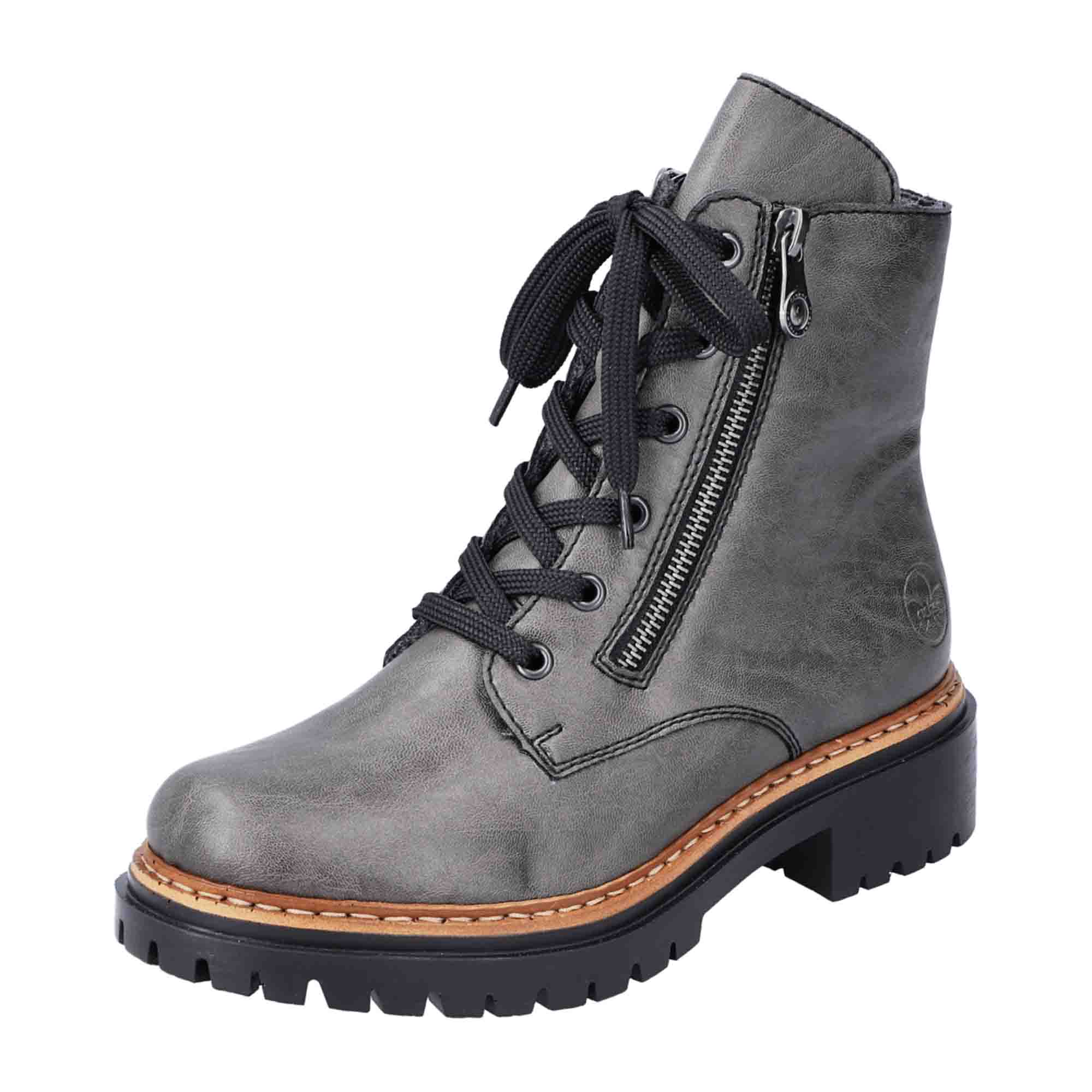 Rieker Women's Grey Biker Boots with Zipper and Laces, Comfortable and Stylish