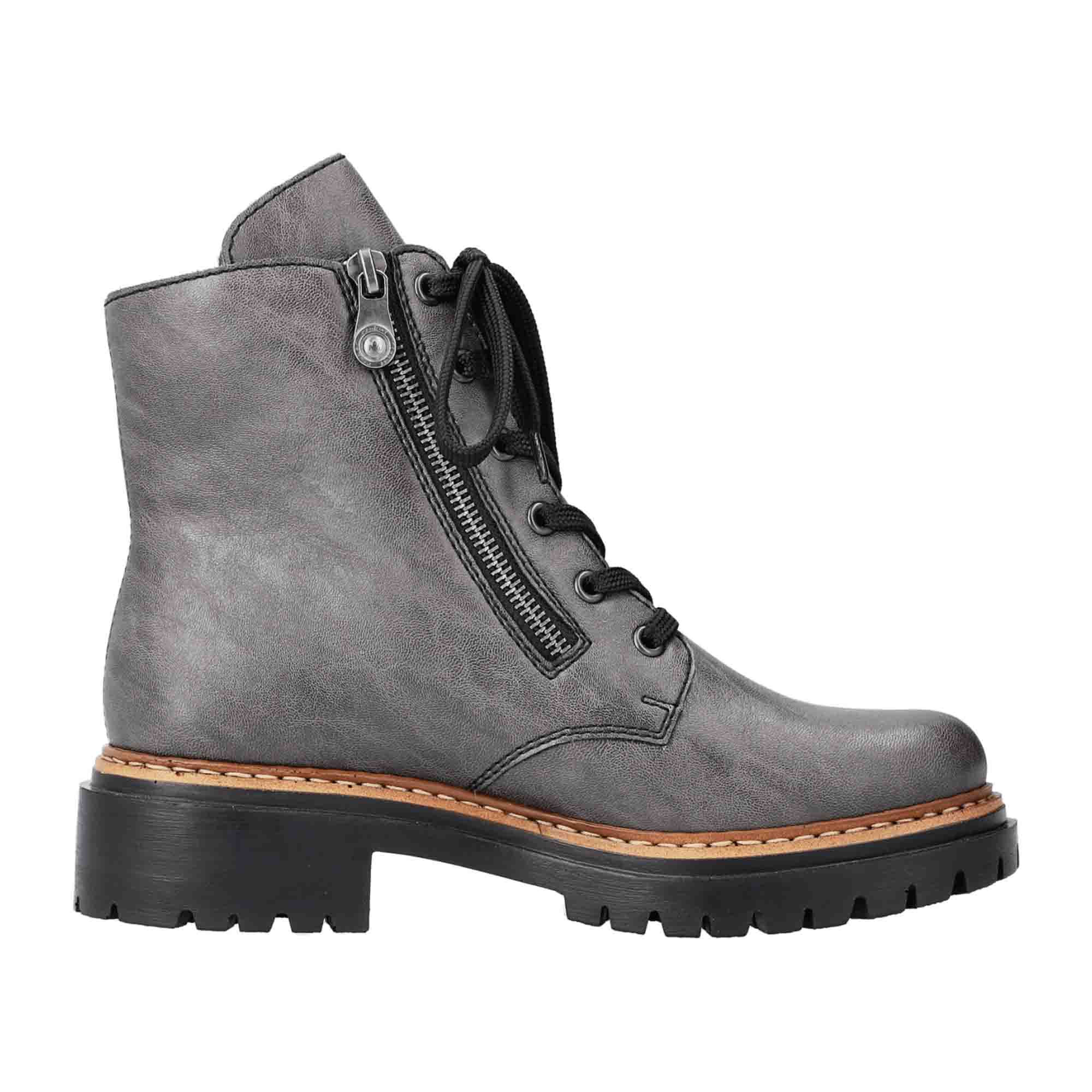 Rieker Women's Grey Biker Boots with Zipper and Laces, Comfortable and Stylish