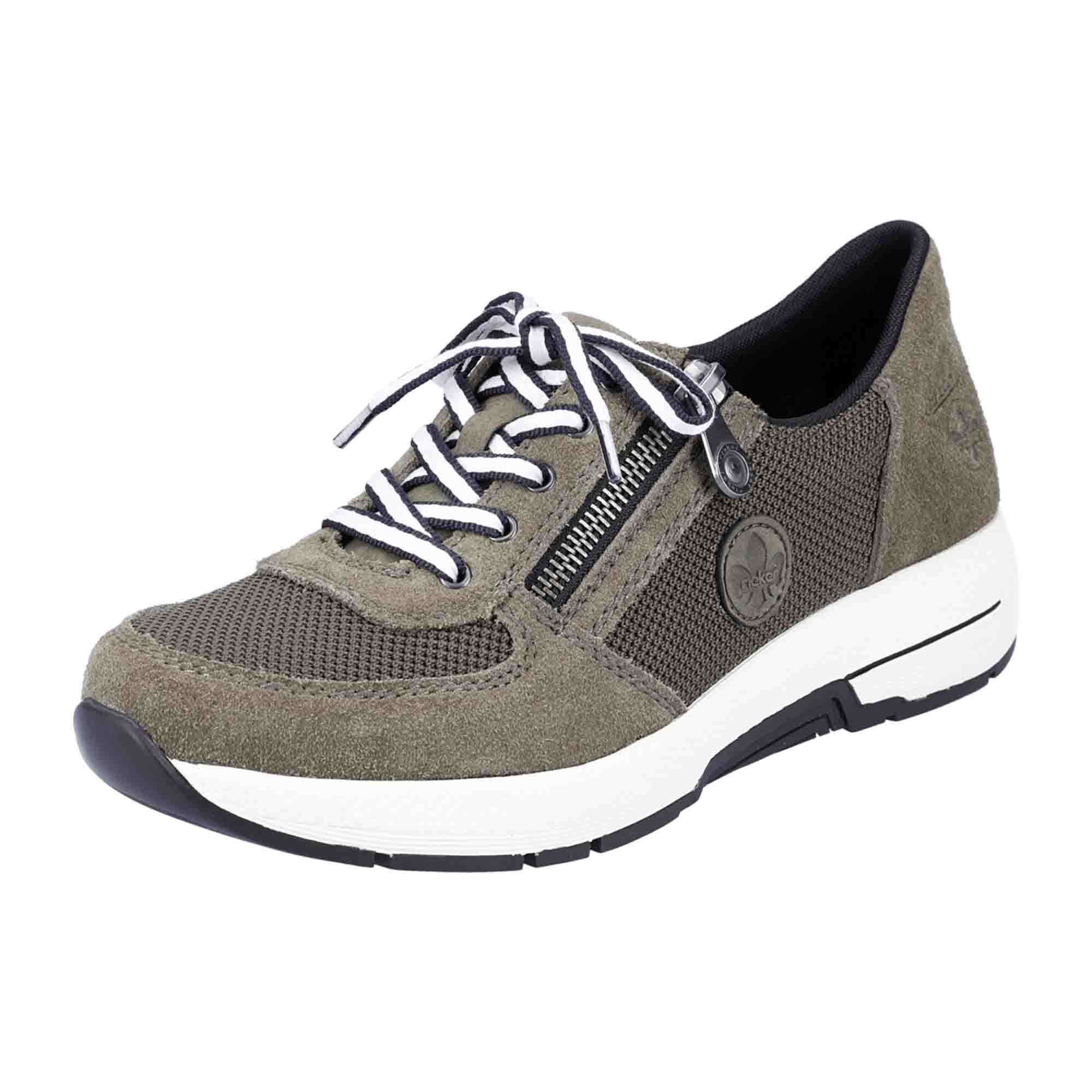 Rieker Women's Green Comfort Sneakers with Zip and Lace Closure, Wide Fit