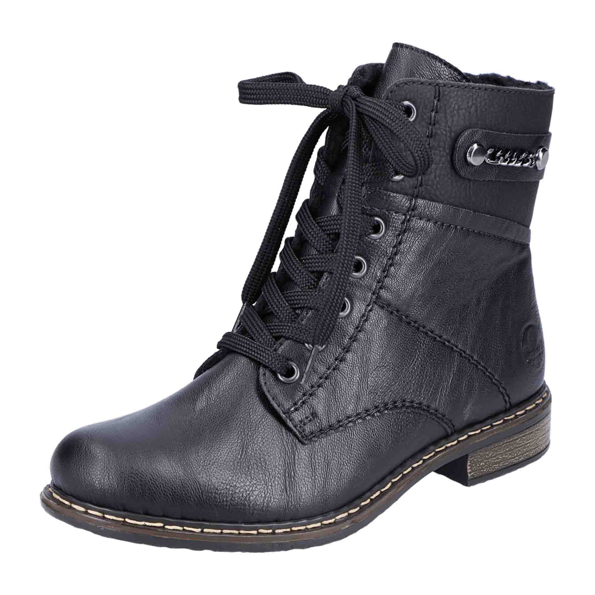 Rieker Black Women's Lace-Up Boots with Zipper, Lightweight and Shock-Absorbing
