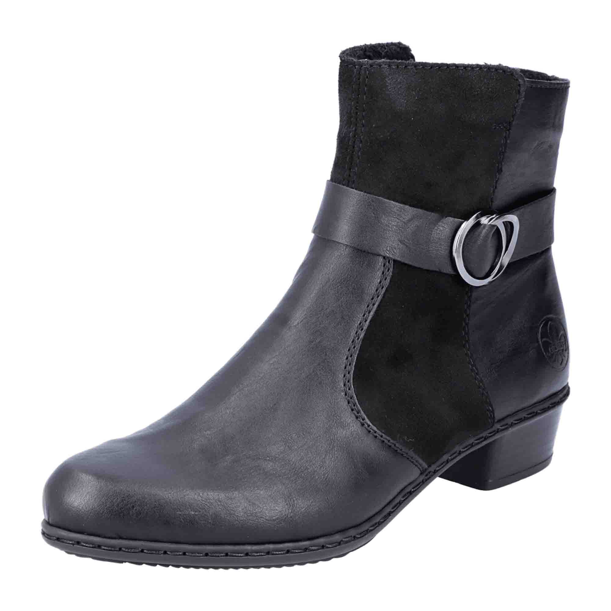 Rieker Y0777 Black Ankle Boots for Women with Zipper and Buckle Detail