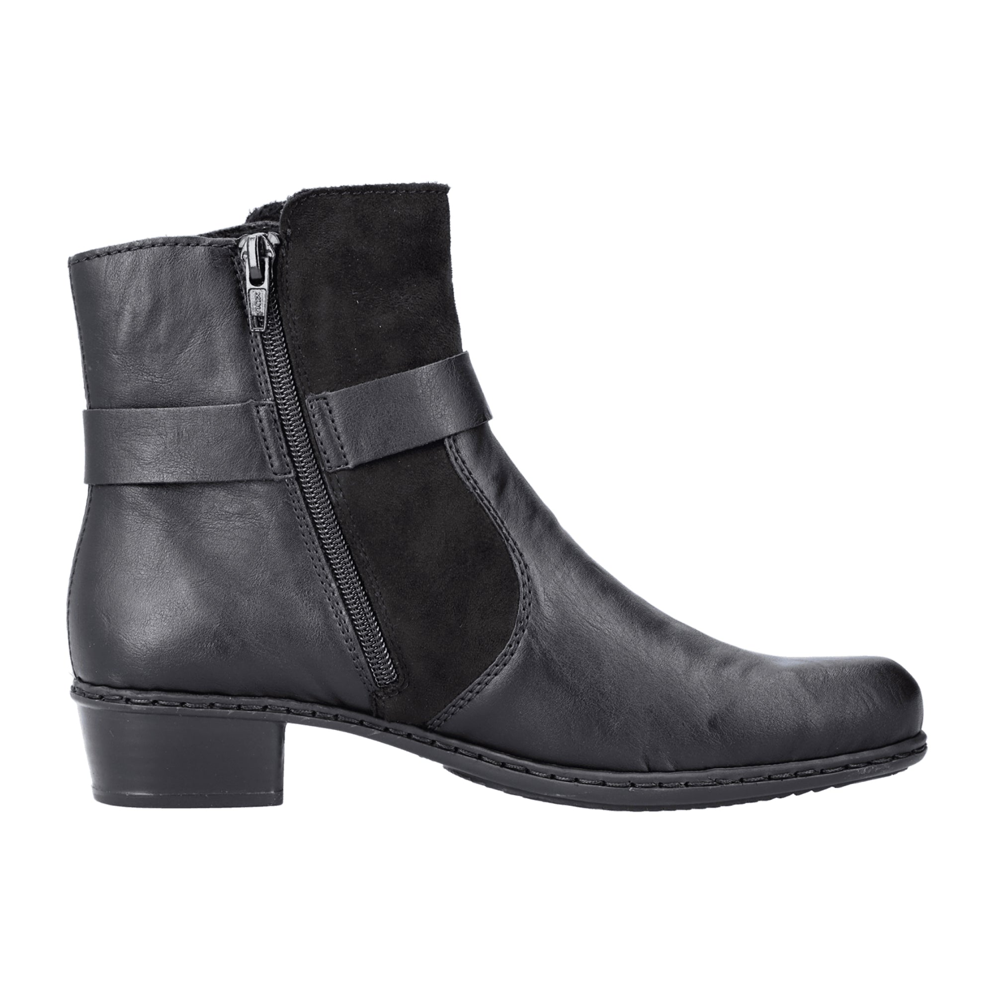 Rieker Y0777 Black Ankle Boots for Women with Zipper and Buckle Detail
