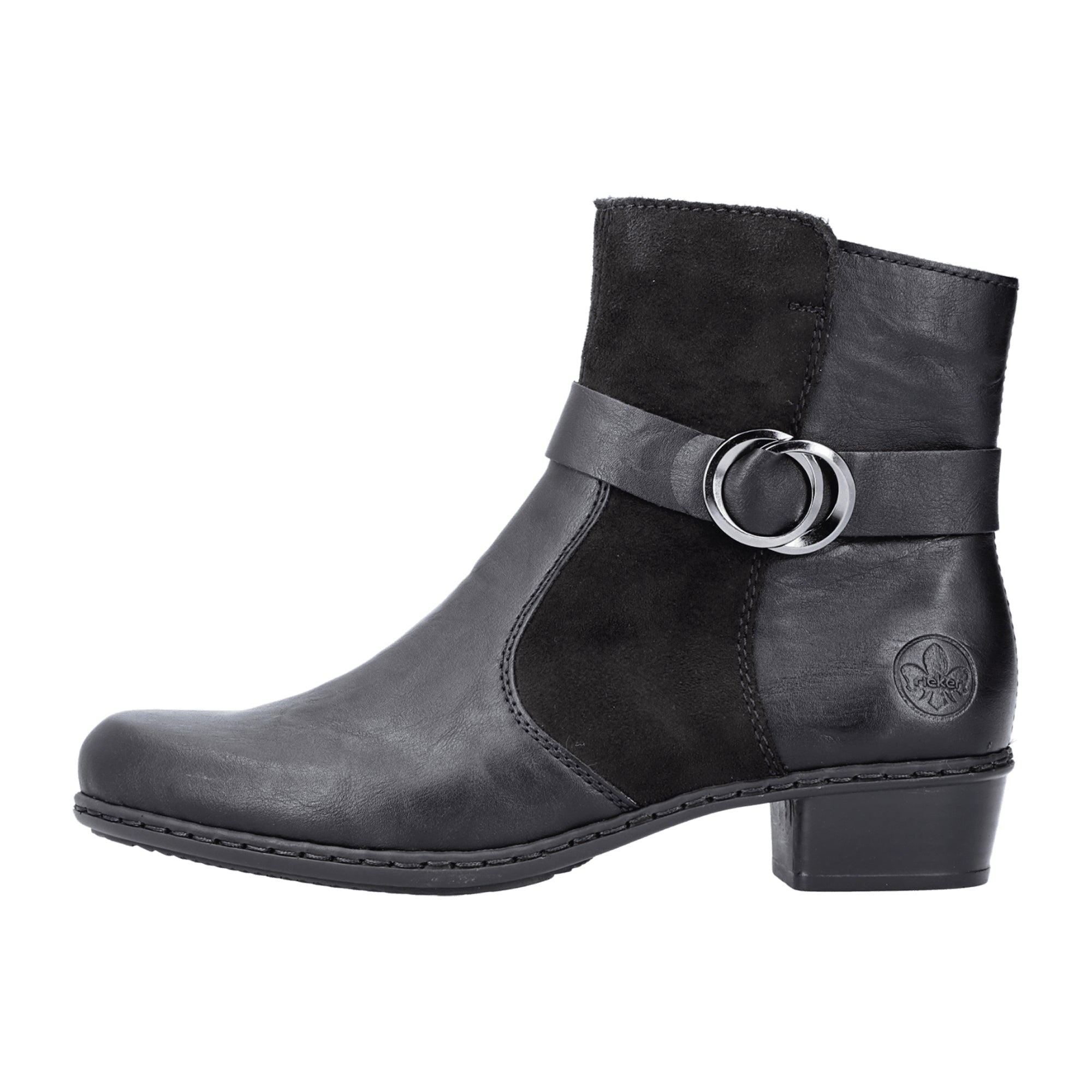 Rieker Y0777 Black Ankle Boots for Women with Zipper and Buckle Detail