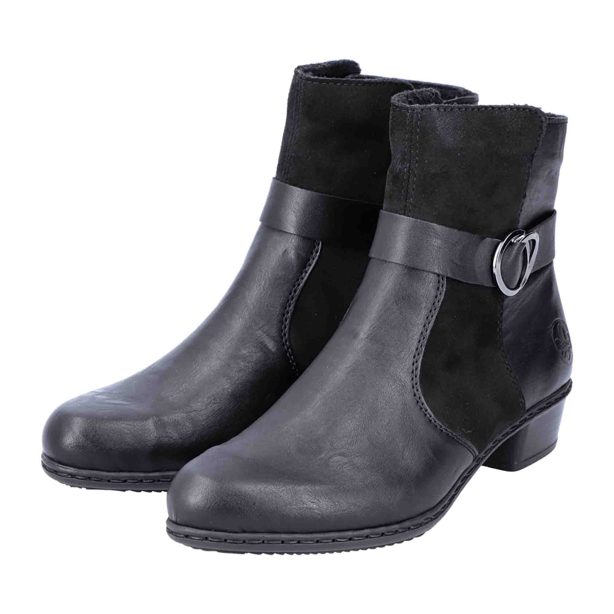 Rieker Y0777 Black Ankle Boots for Women with Zipper and Buckle Detail