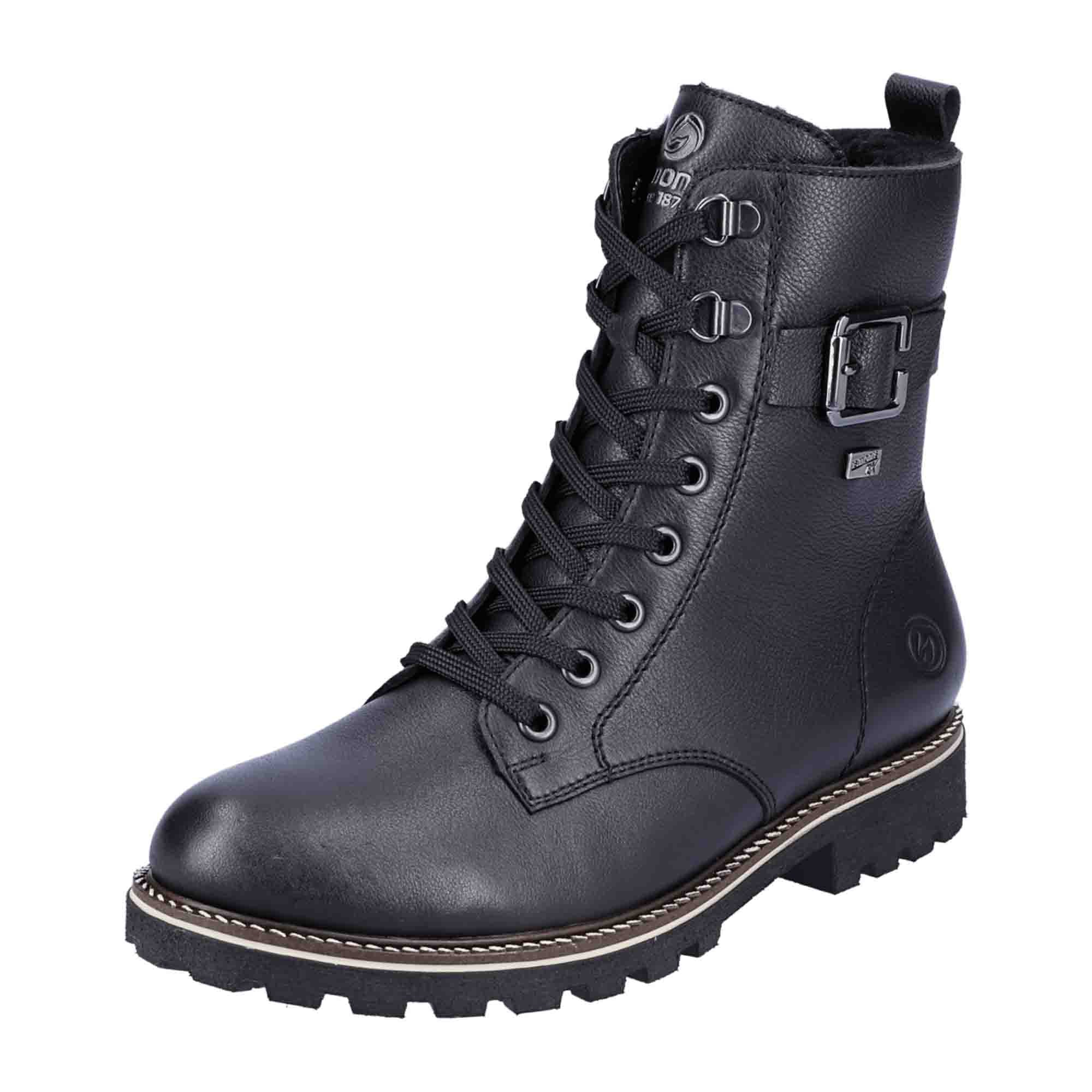 Remonte Women's Black Leather Biker Boots with Buckle and Warm Lining
