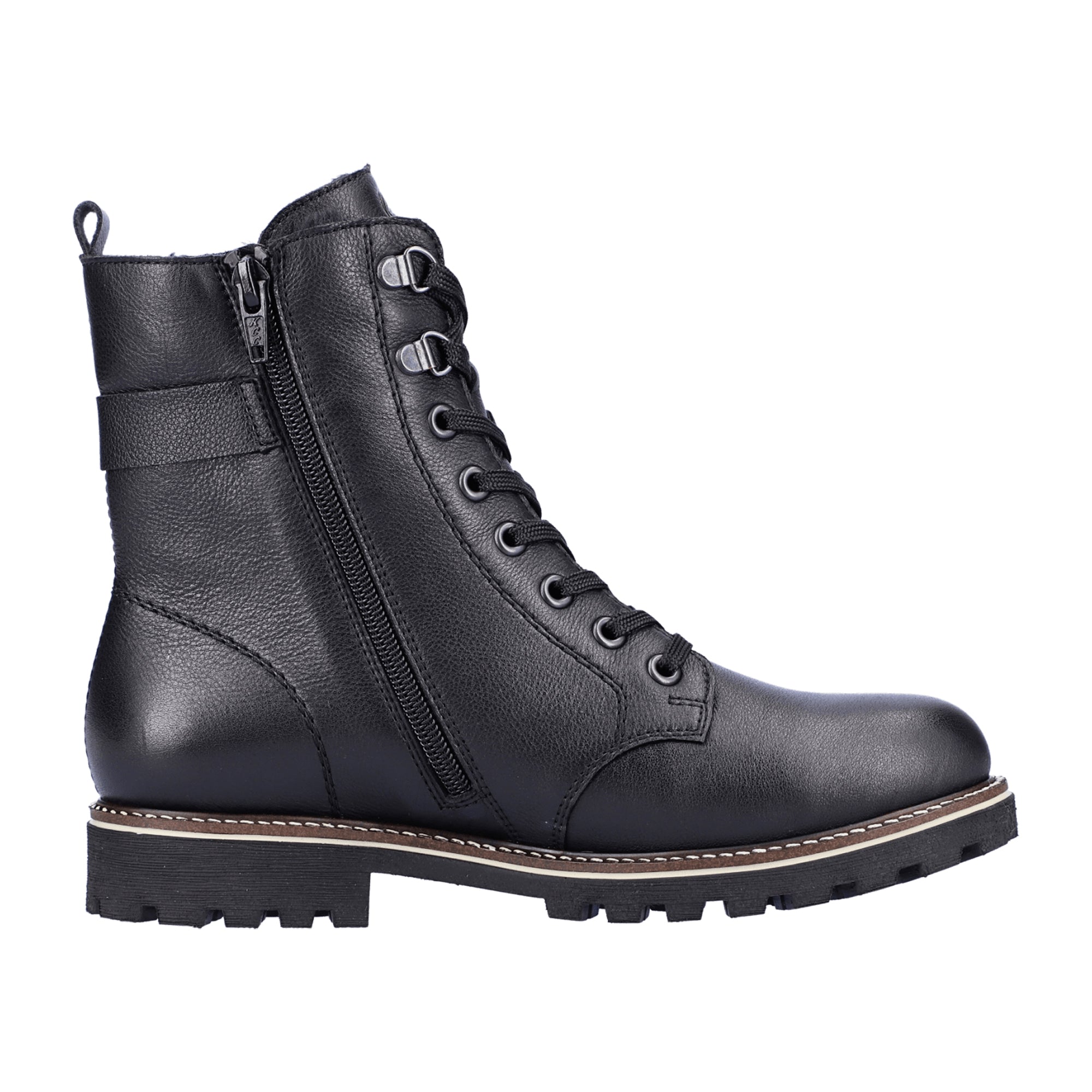 Remonte Women's Black Leather Biker Boots with Buckle and Warm Lining