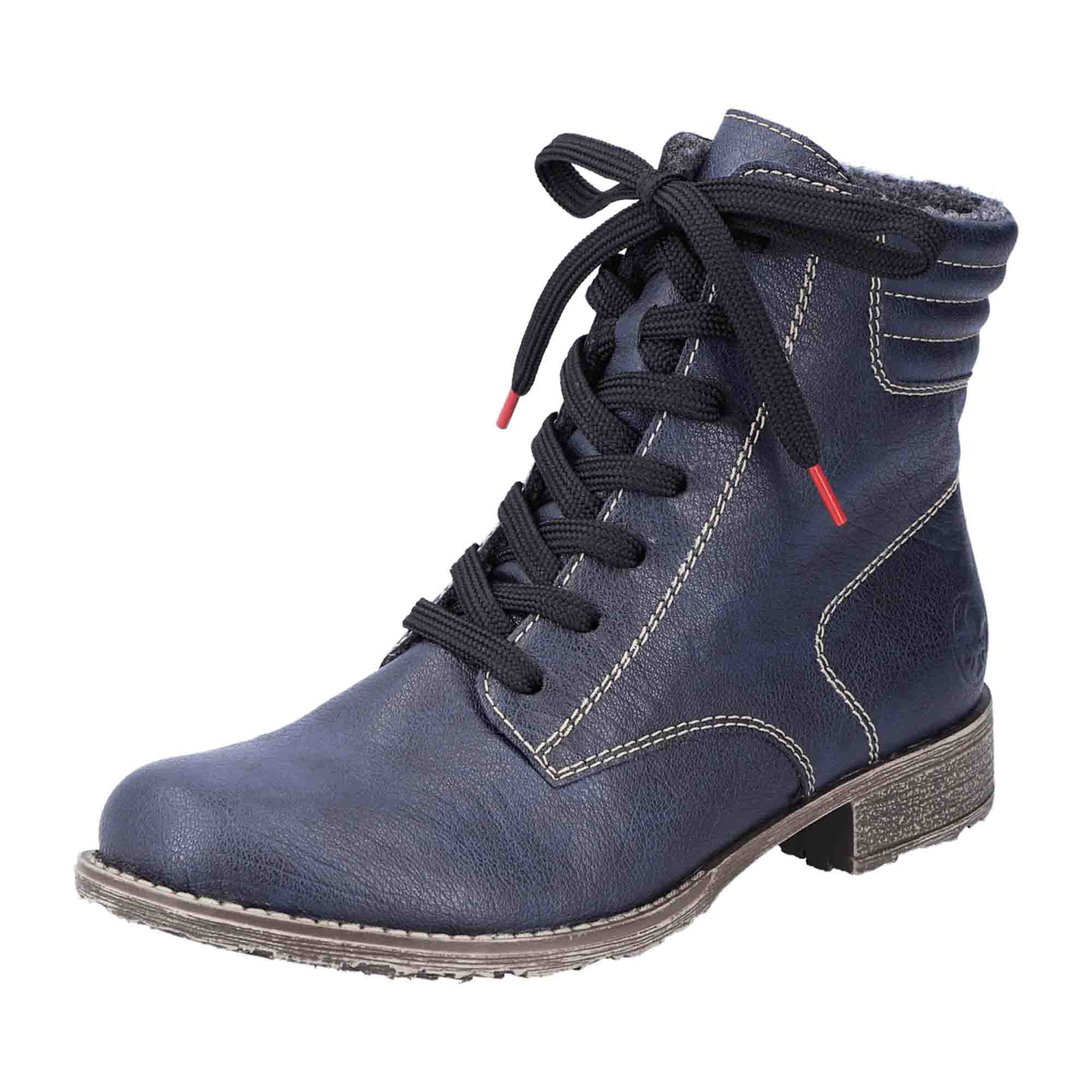 Rieker Women's Blue Lace-Up Ankle Boots with Warm Lining and Side Zipper