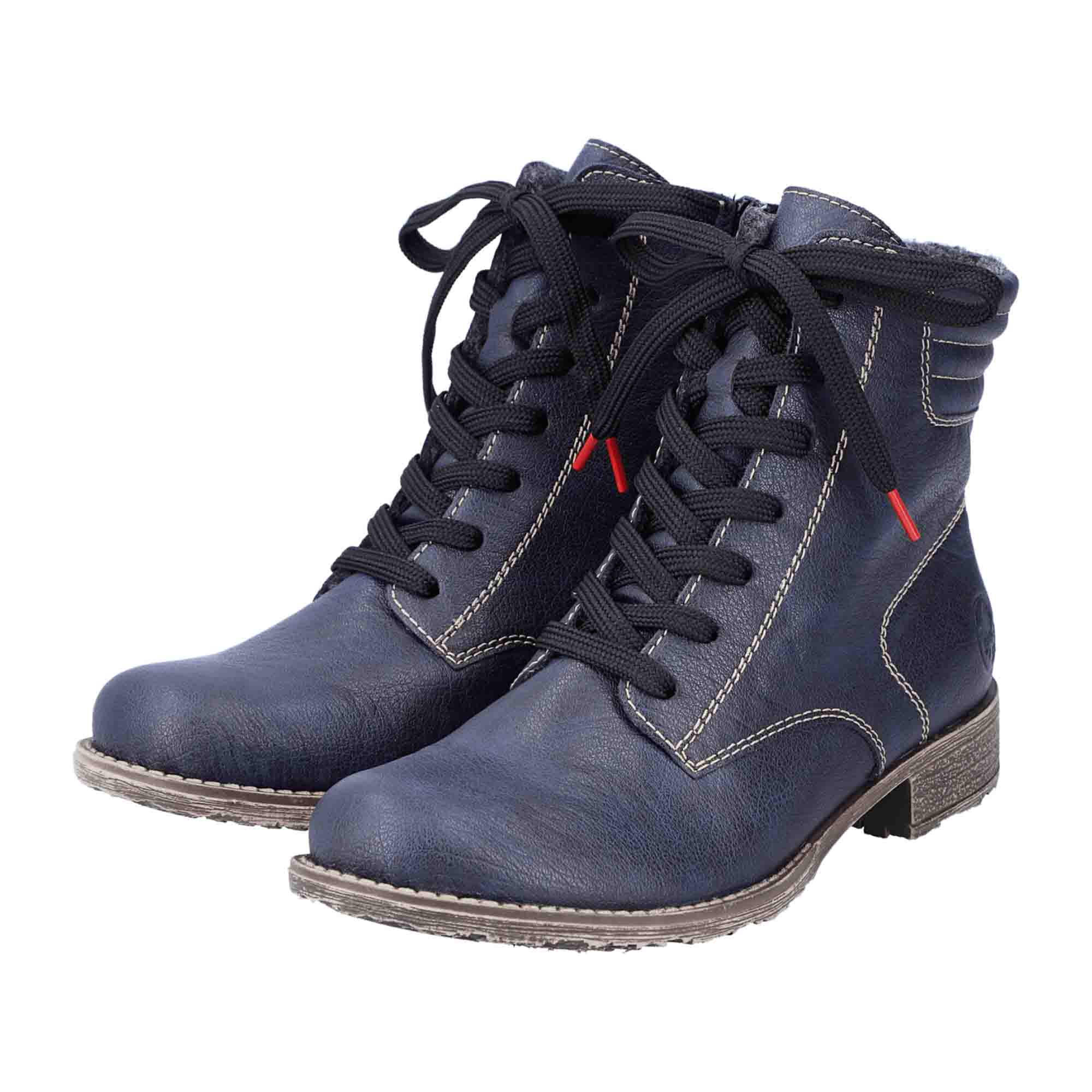 Rieker Women's Blue Lace-Up Ankle Boots with Warm Lining and Side Zipper
