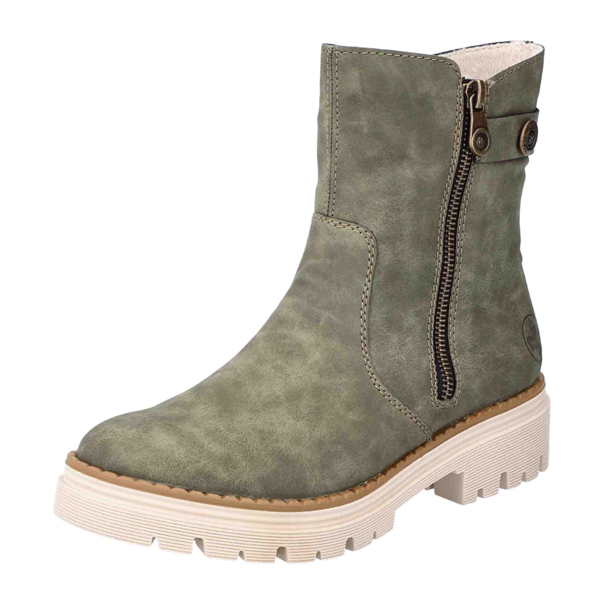Rieker Women's Green Ankle Boots with Zipper and Comfortable Sole