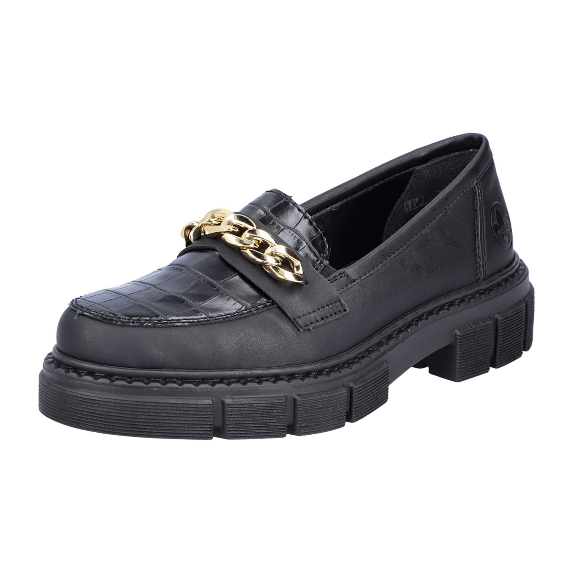 Rieker Women's Black Slip-On Shoes with Gold Chain and Cushioned Sole