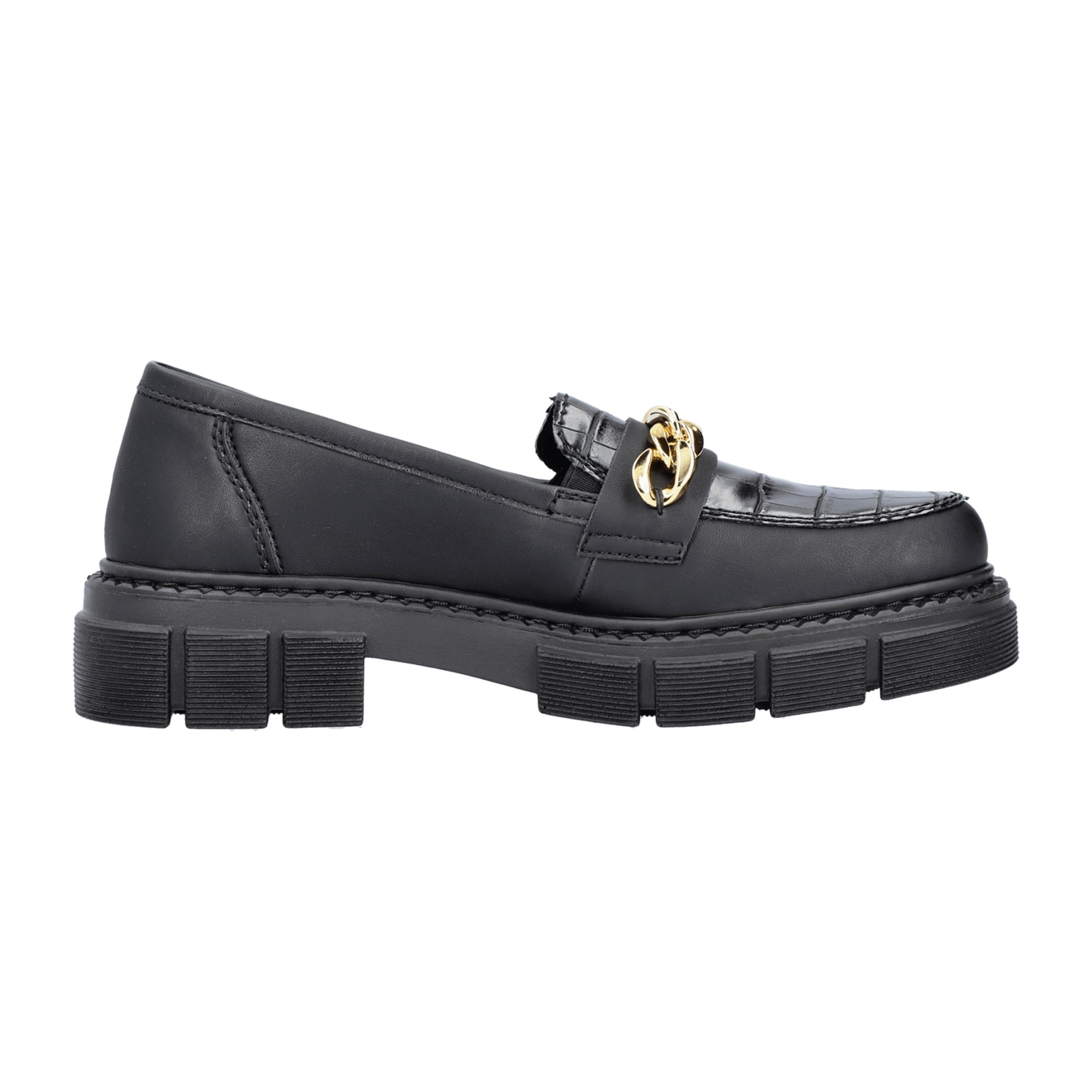 Rieker Women's Black Slip-On Shoes with Gold Chain and Cushioned Sole