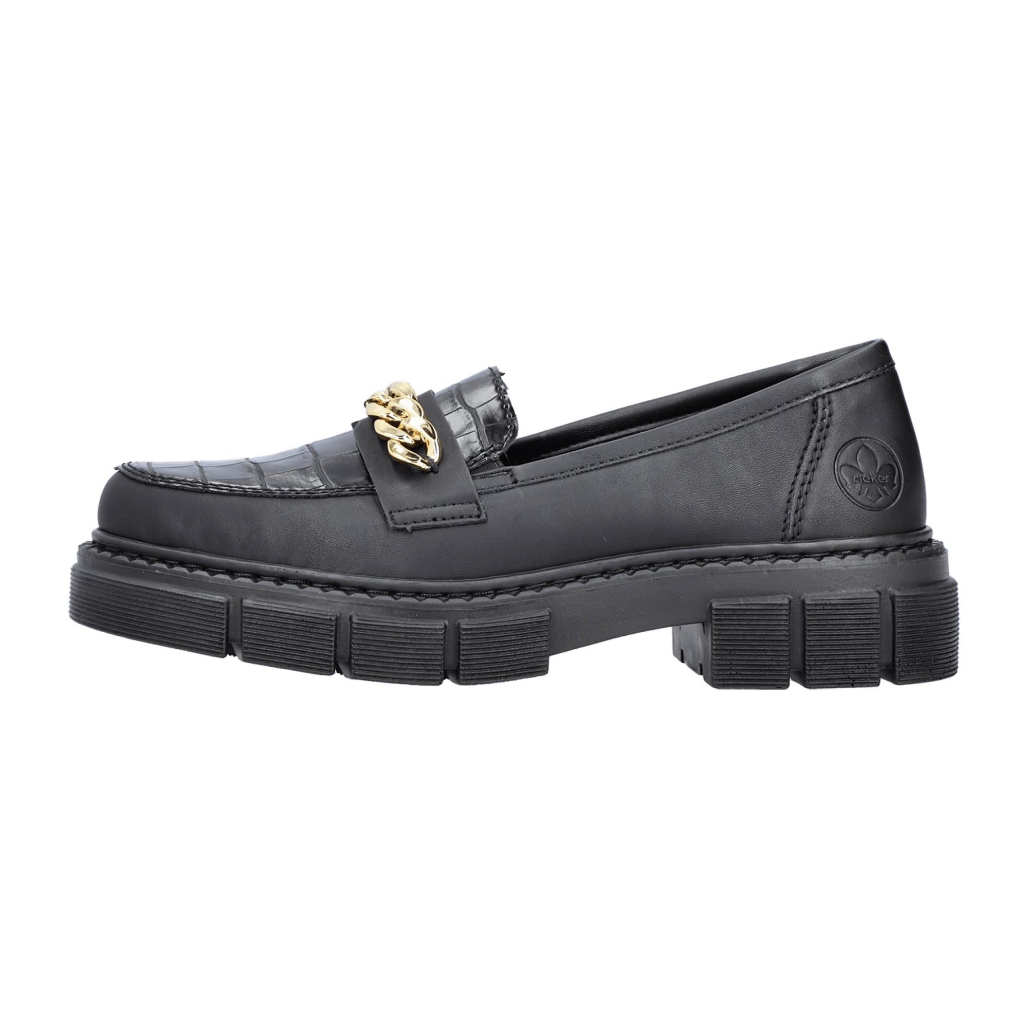 Rieker Women's Black Slip-On Shoes with Gold Chain and Cushioned Sole