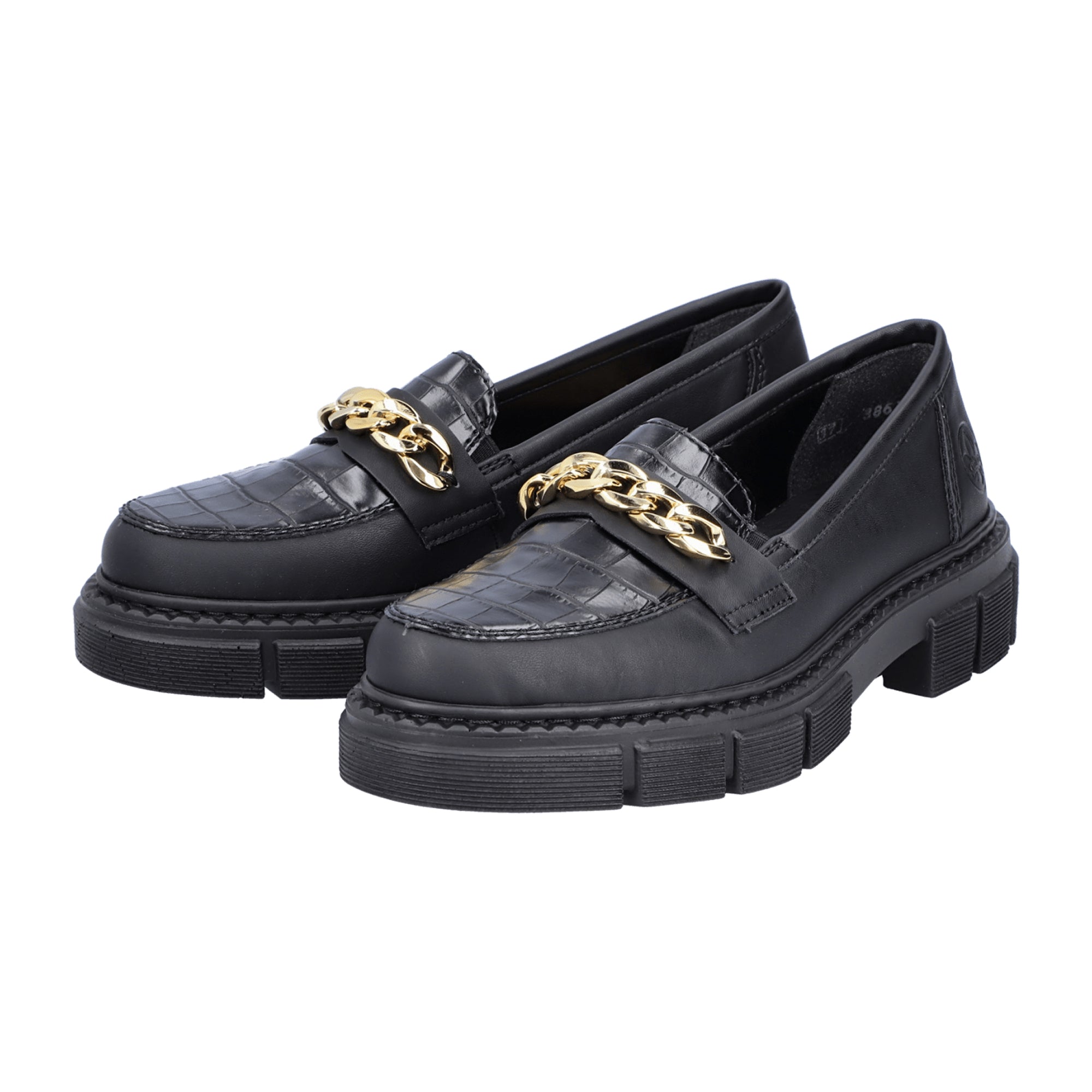 Rieker Women's Black Slip-On Shoes with Gold Chain and Cushioned Sole