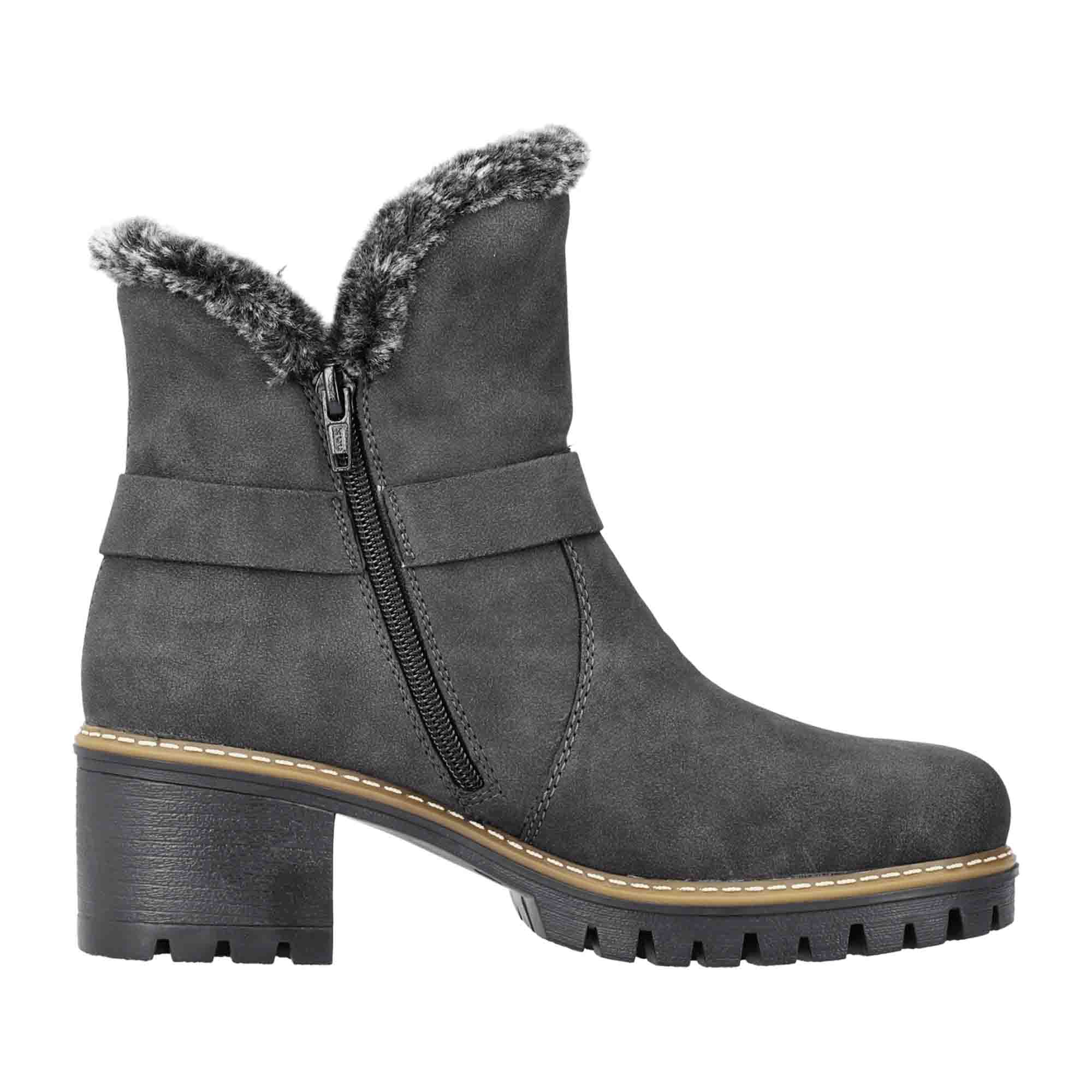 Rieker Women's Classic Gray Ankle Boots with Warm Lining and Side Zipper