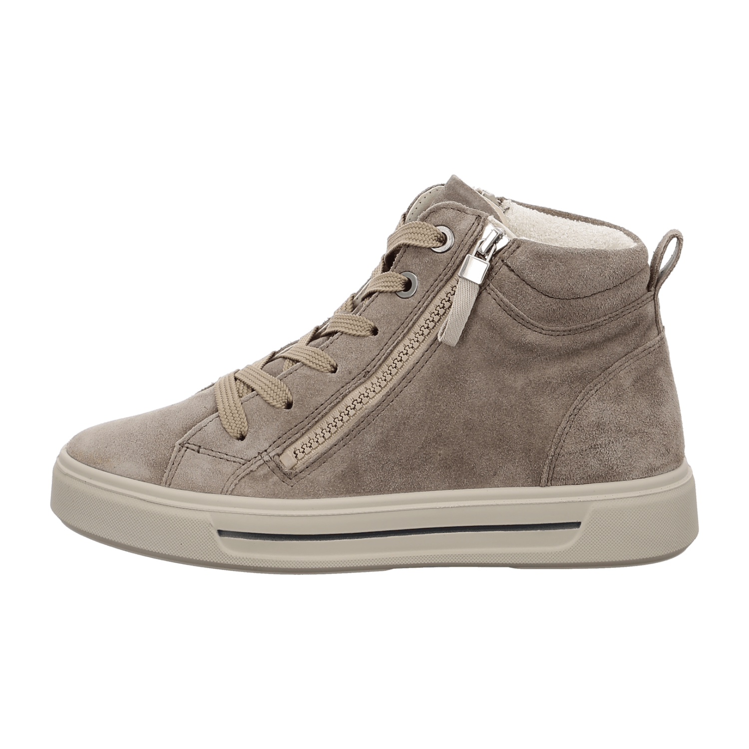 ARA Women's Velour Leather High-Top Sneakers with Lace-Up Closure and Rubber Sole in Beige