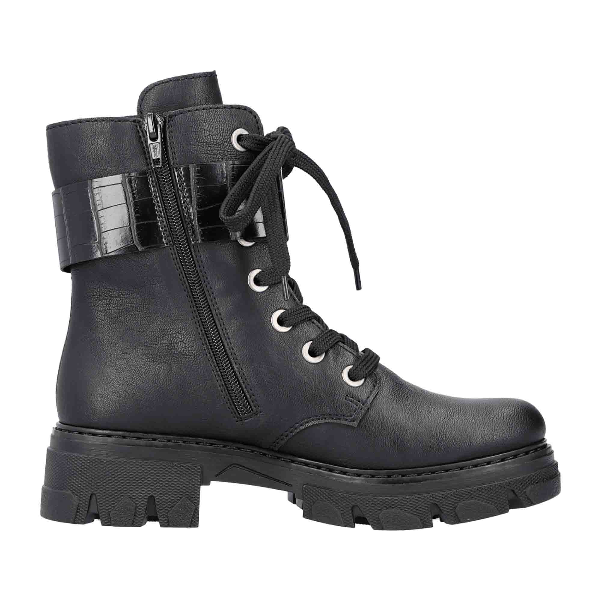 Rieker Womens Black Lace-Up Ankle Boots with Zipper and Warm Lining