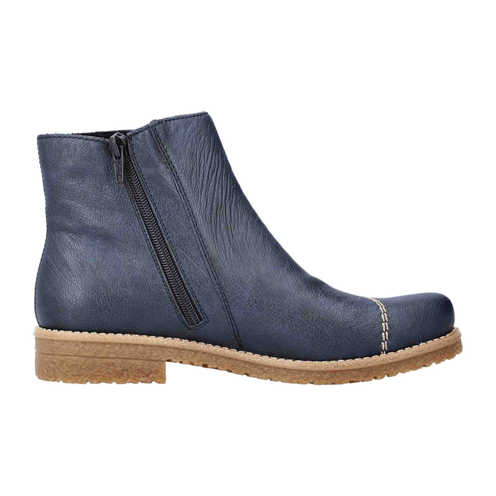 Rieker Women's Blue Ankle Boots with Side Zipper and Decorative Stitching