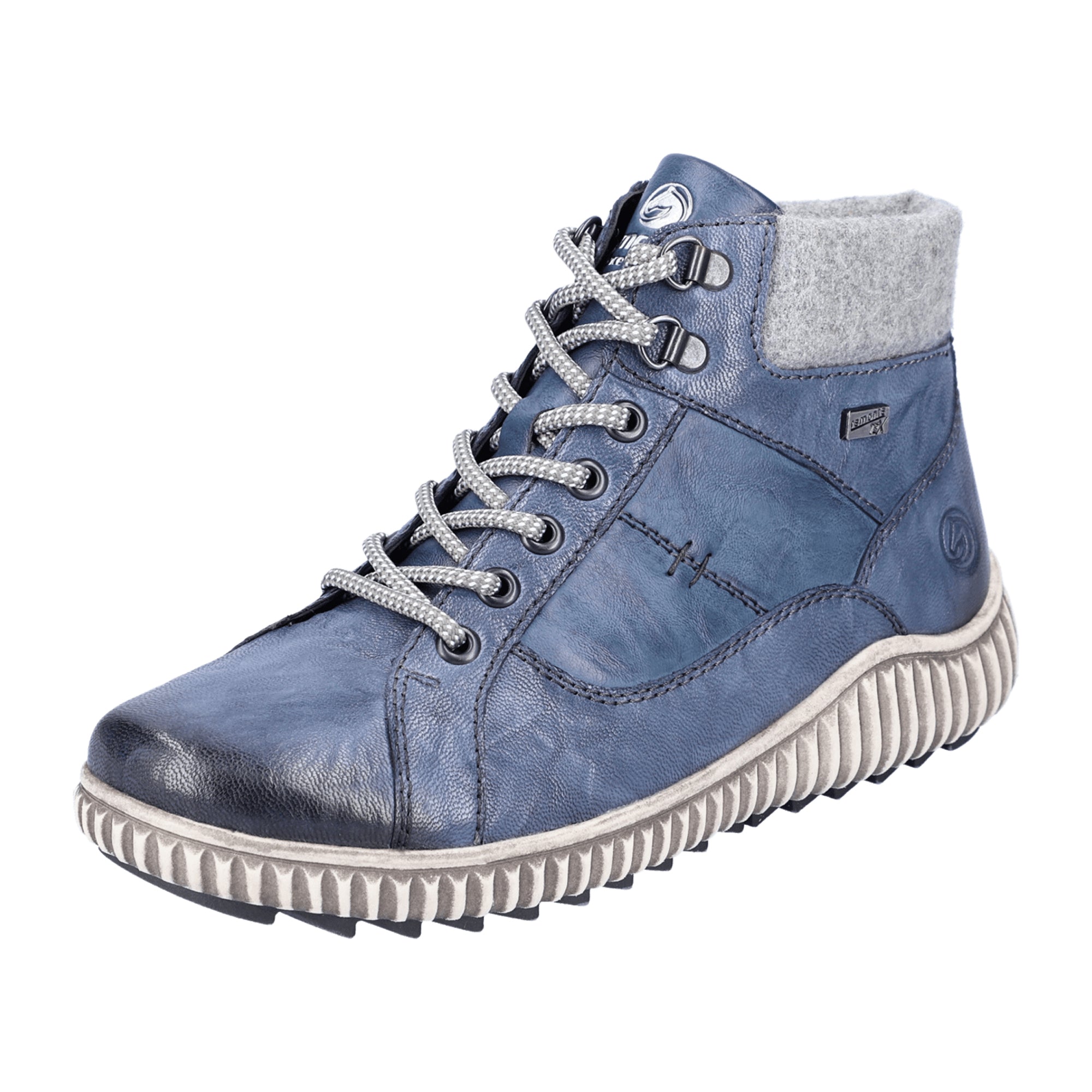 Remonte Women's Blue Leather Ankle Boots with Zipper and Laces