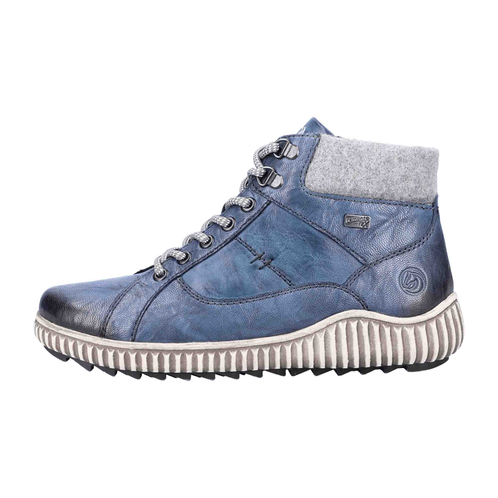 Remonte Women's Blue Leather Ankle Boots with Zipper and Laces