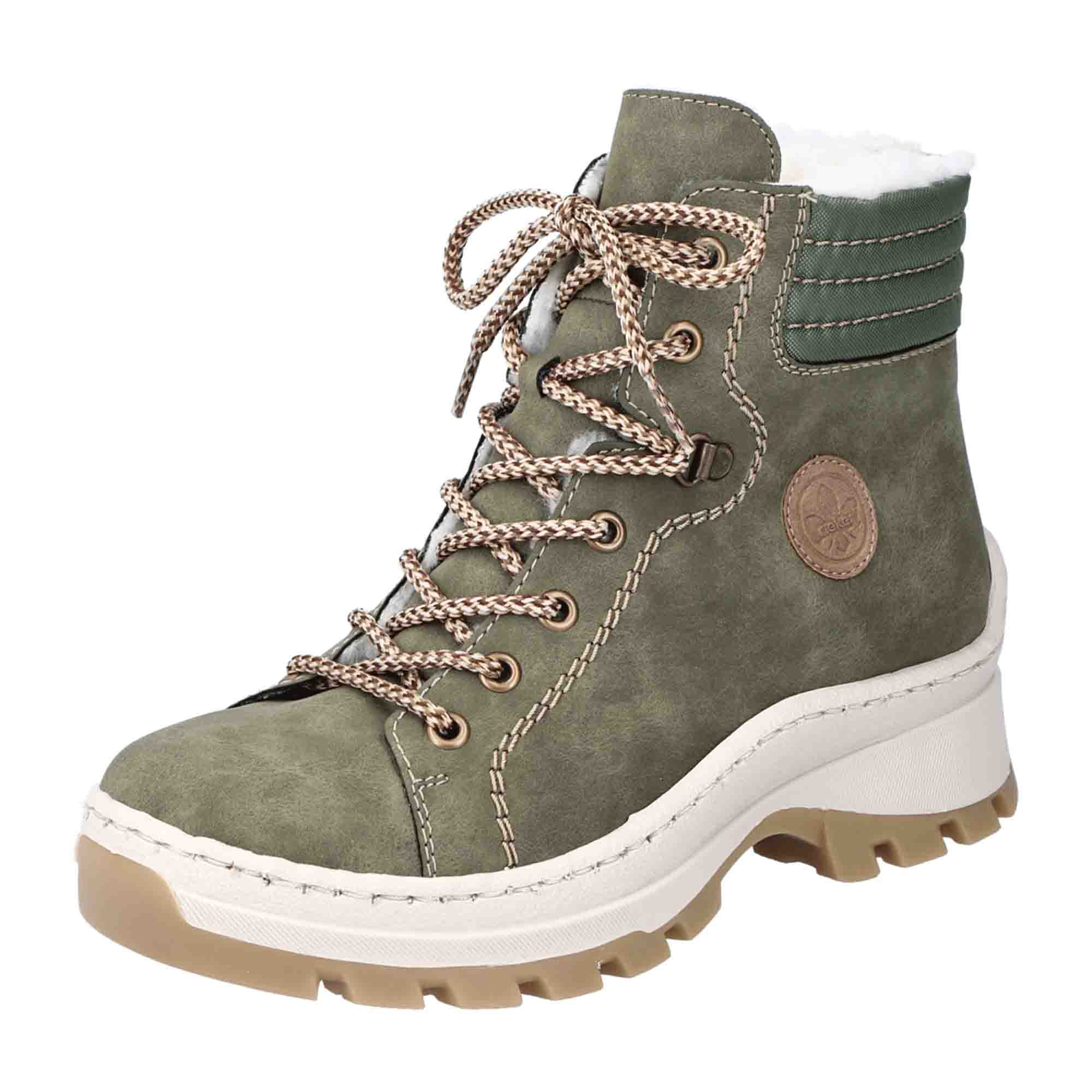 Rieker Women's Green Lace-Up Ankle Boots with Warm Lining for Fall Winter