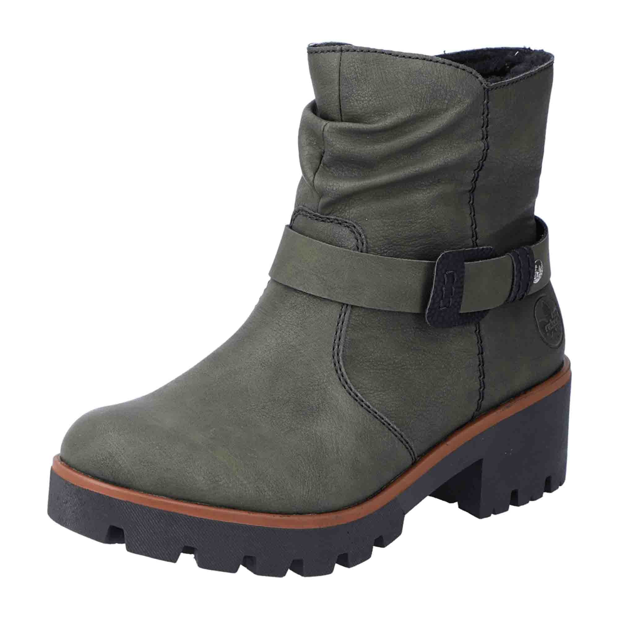 Rieker HWK Women's Green Ankle Boots with Side Zipper and Buckle Detail
