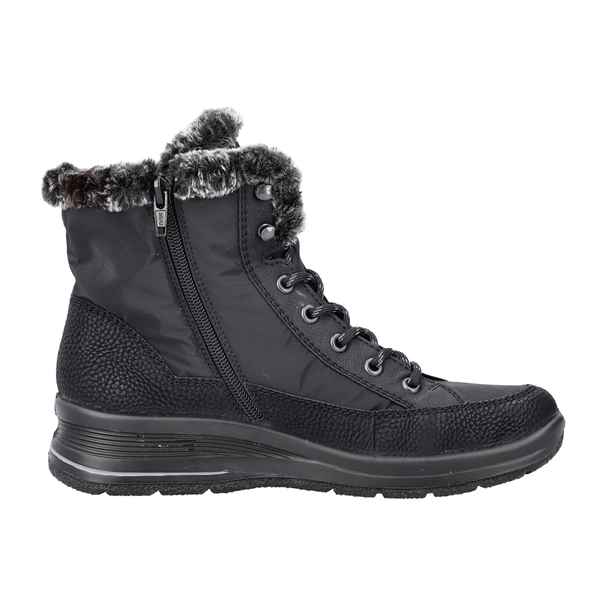 Rieker Comfortable Black Women's Lace-Up Boots with Faux Fur Lining and Zip