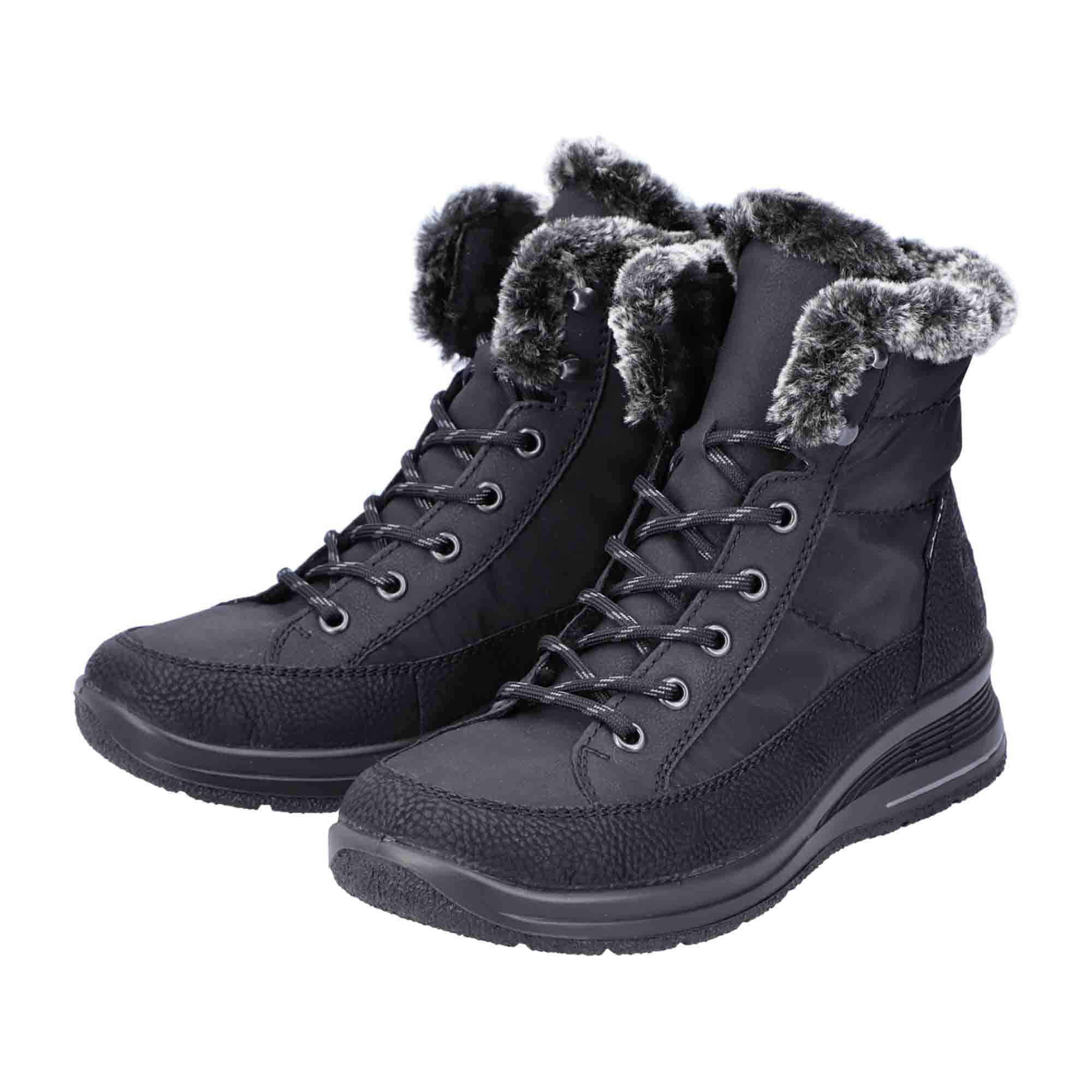 Rieker Comfortable Black Women's Lace-Up Boots with Faux Fur Lining and Zip