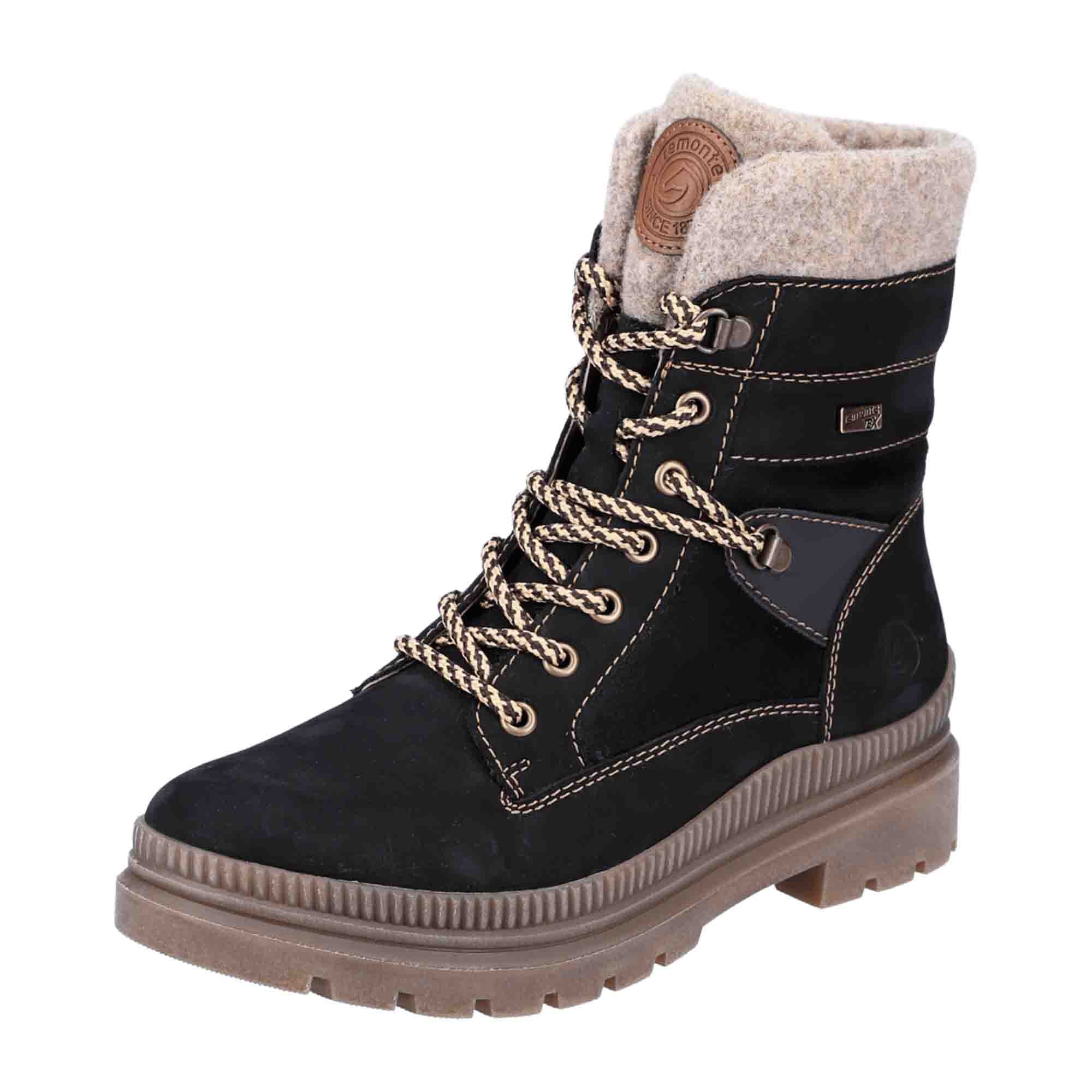 Remonte Women's Black Lace-Up Boots with Thermal Lining and Grip Sole
