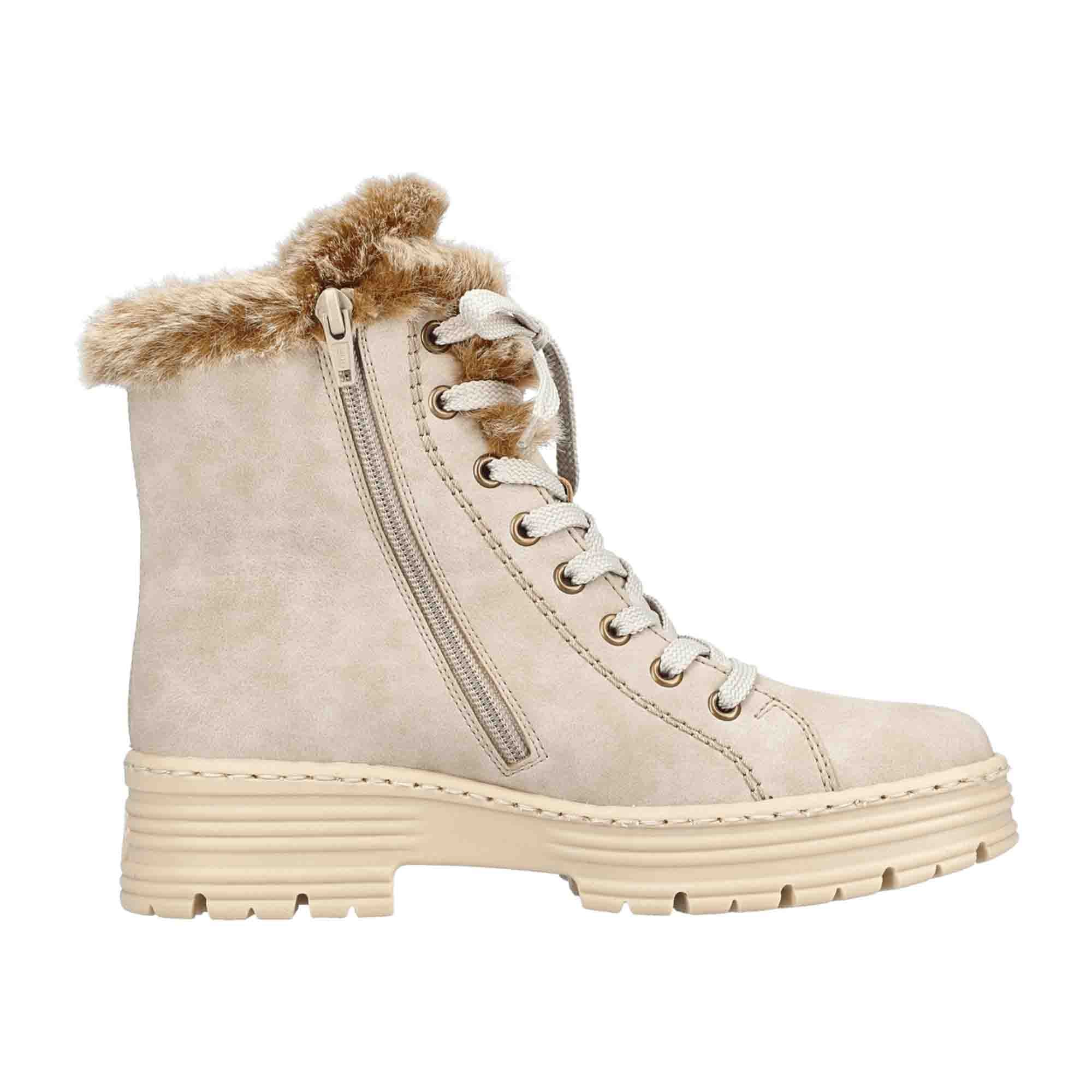 Rieker Women's Beige Lace-Up Ankle Boots Warm Lining for Winter