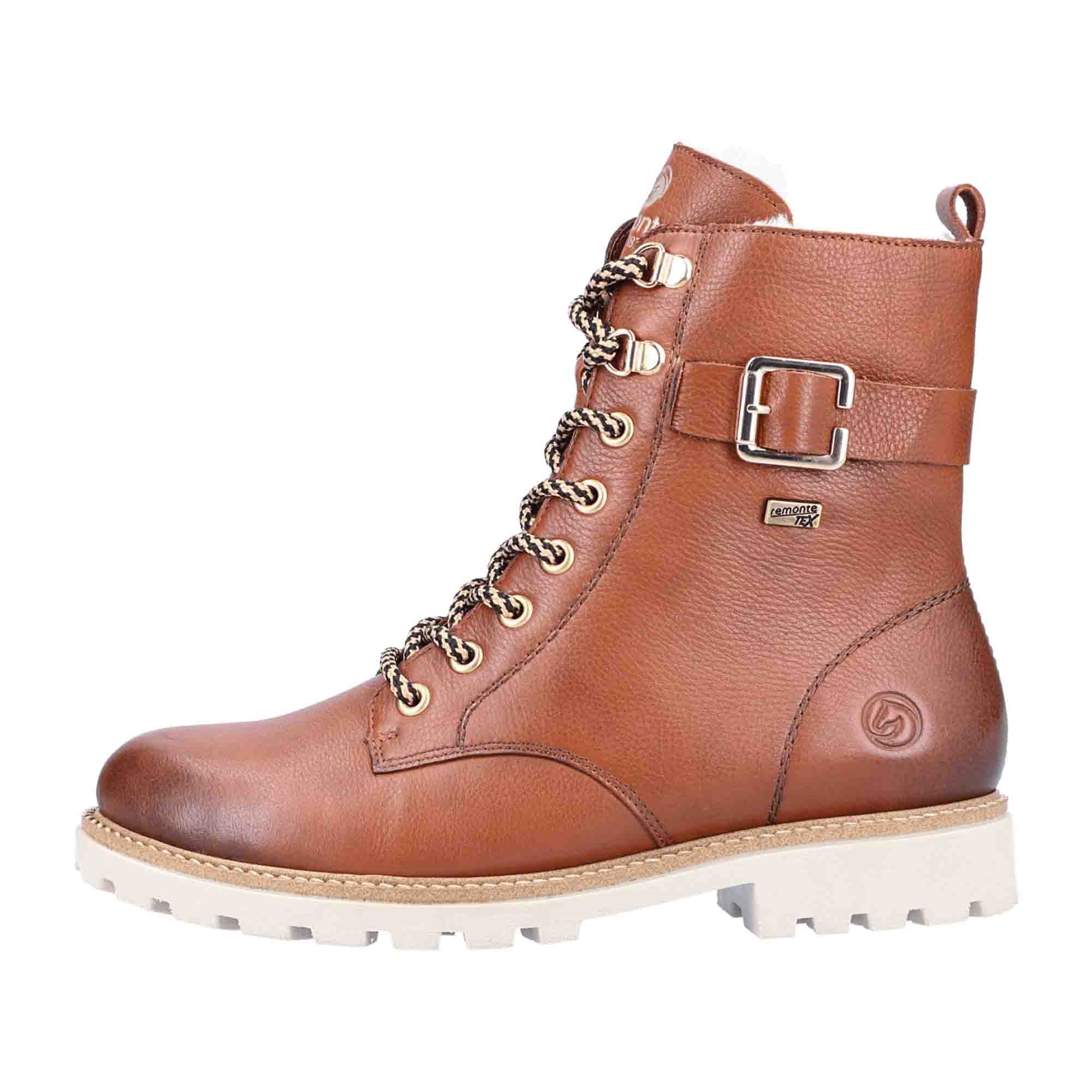 Remonte Women's Brown Leather Biker Boots with Warm Lining and Stylish Buckle