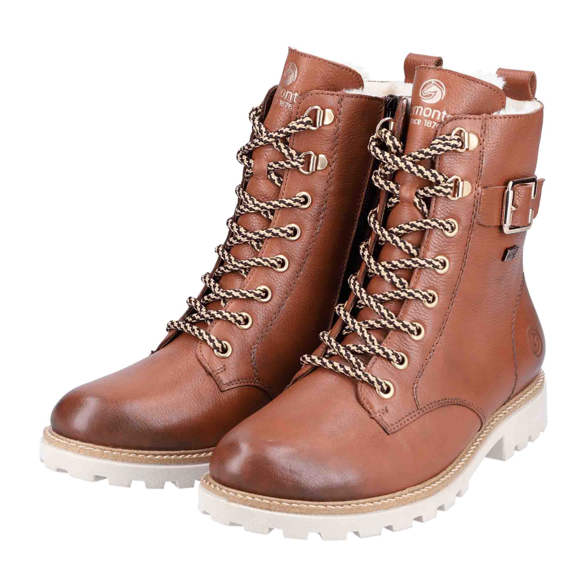Remonte Women's Brown Leather Biker Boots with Warm Lining and Stylish Buckle