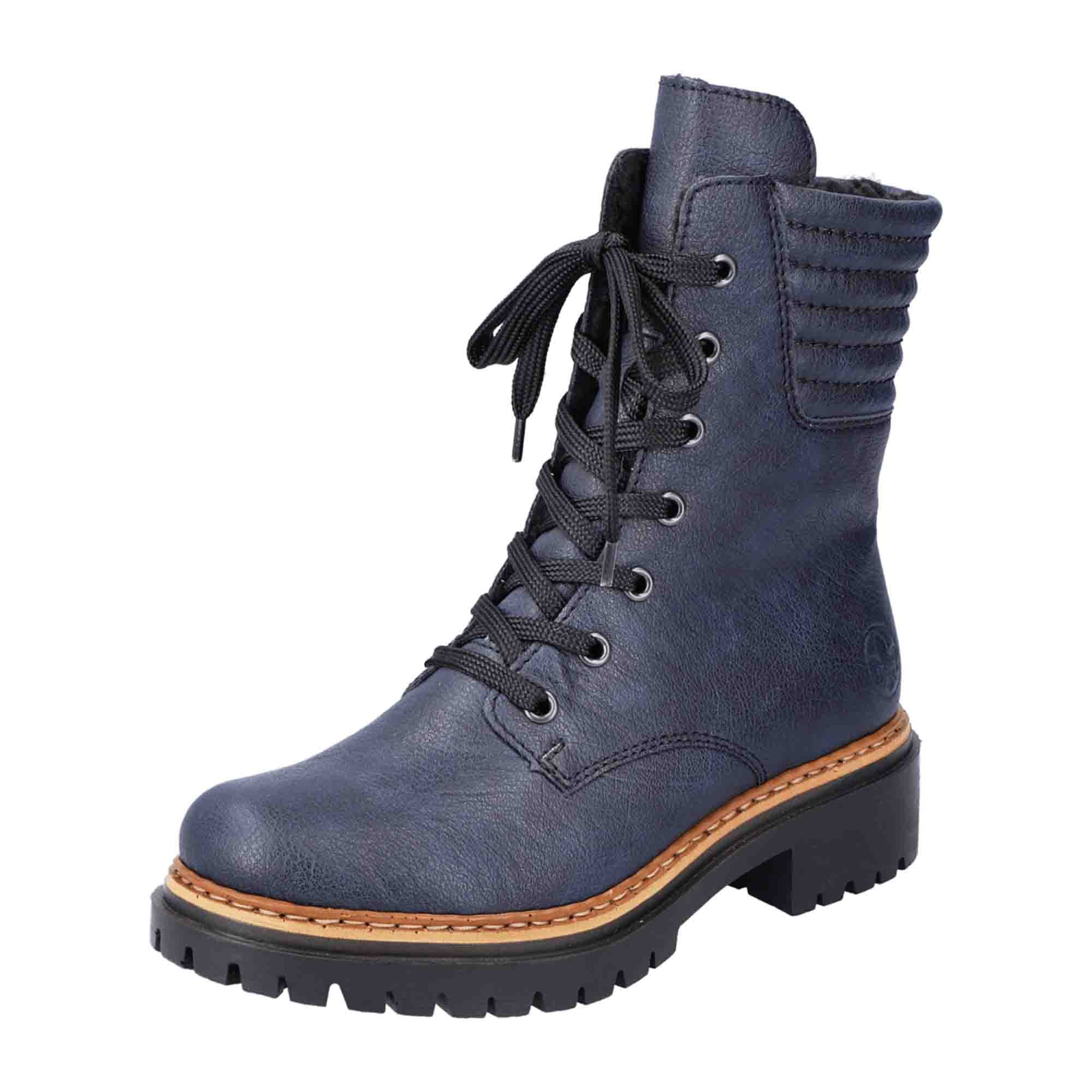 Rieker Women's Blue Ankle Boots 72600-14 with Block Heel and Zipper Closure