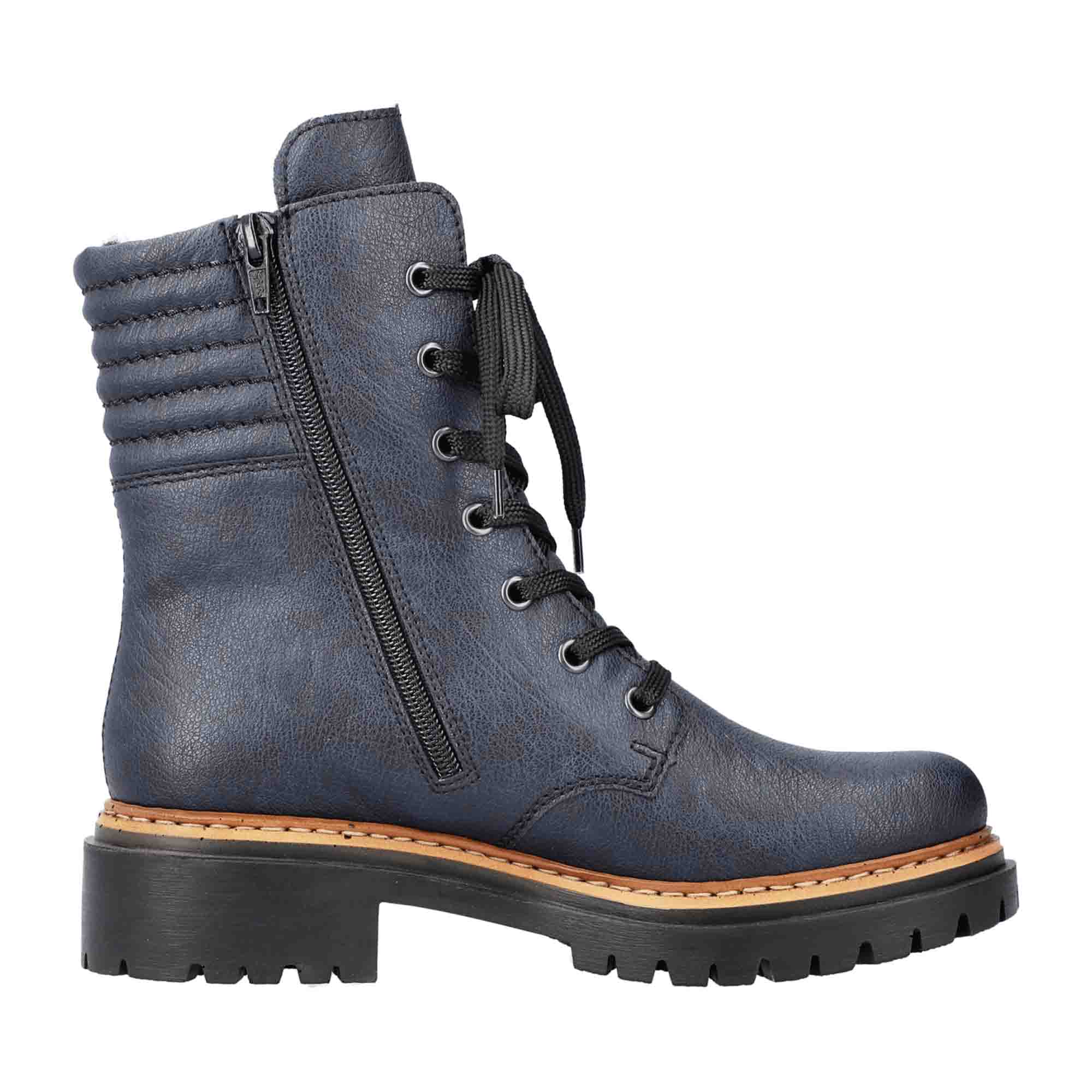 Rieker Women's Blue Ankle Boots 72600-14 with Block Heel and Zipper Closure