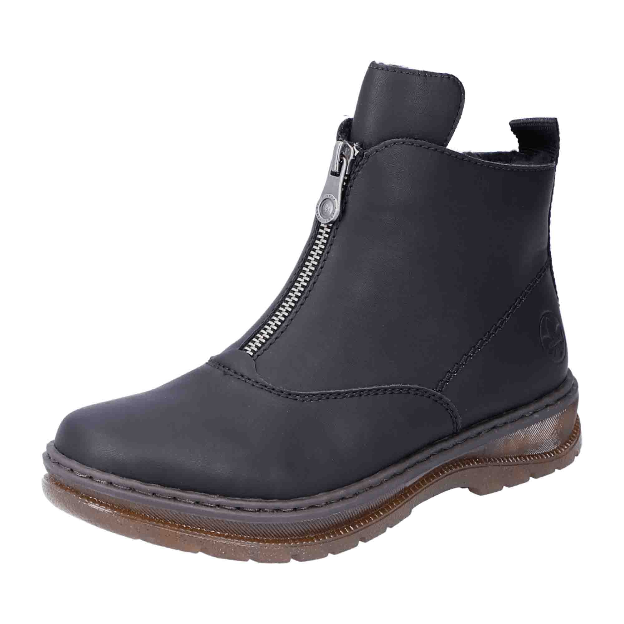 Rieker Black Ankle Boots with Zipper for Women Winter Faux Leather Lined