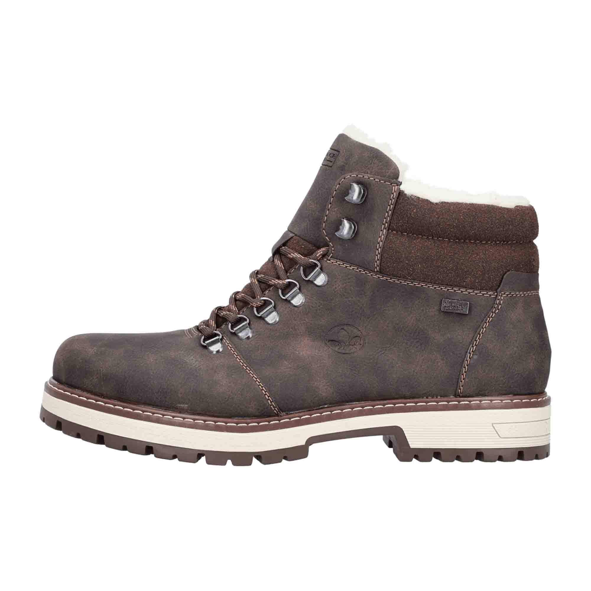 Rieker Men's Brown Boots F8333-25 Lace-Up Warm Lined Faux Leather Winter Shoes