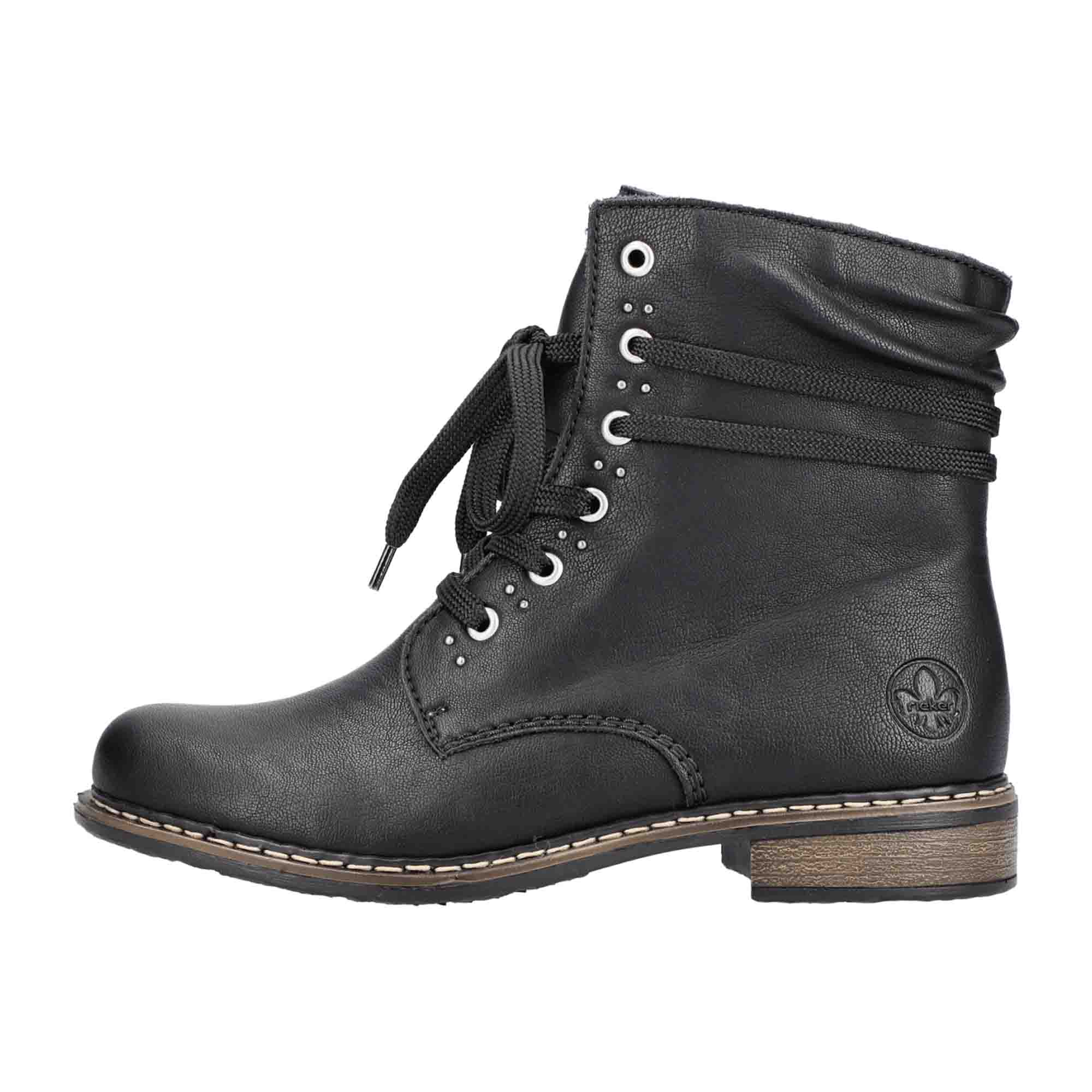 Rieker Women's Black Lace-Up Ankle Boots with Warm Lining and Easy Zip Closure