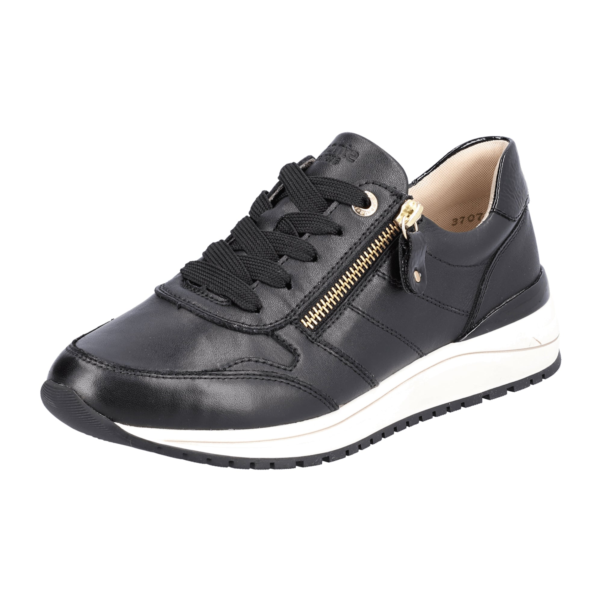 Remonte Women's Black Leather Sneakers with Zip and Lace Closure