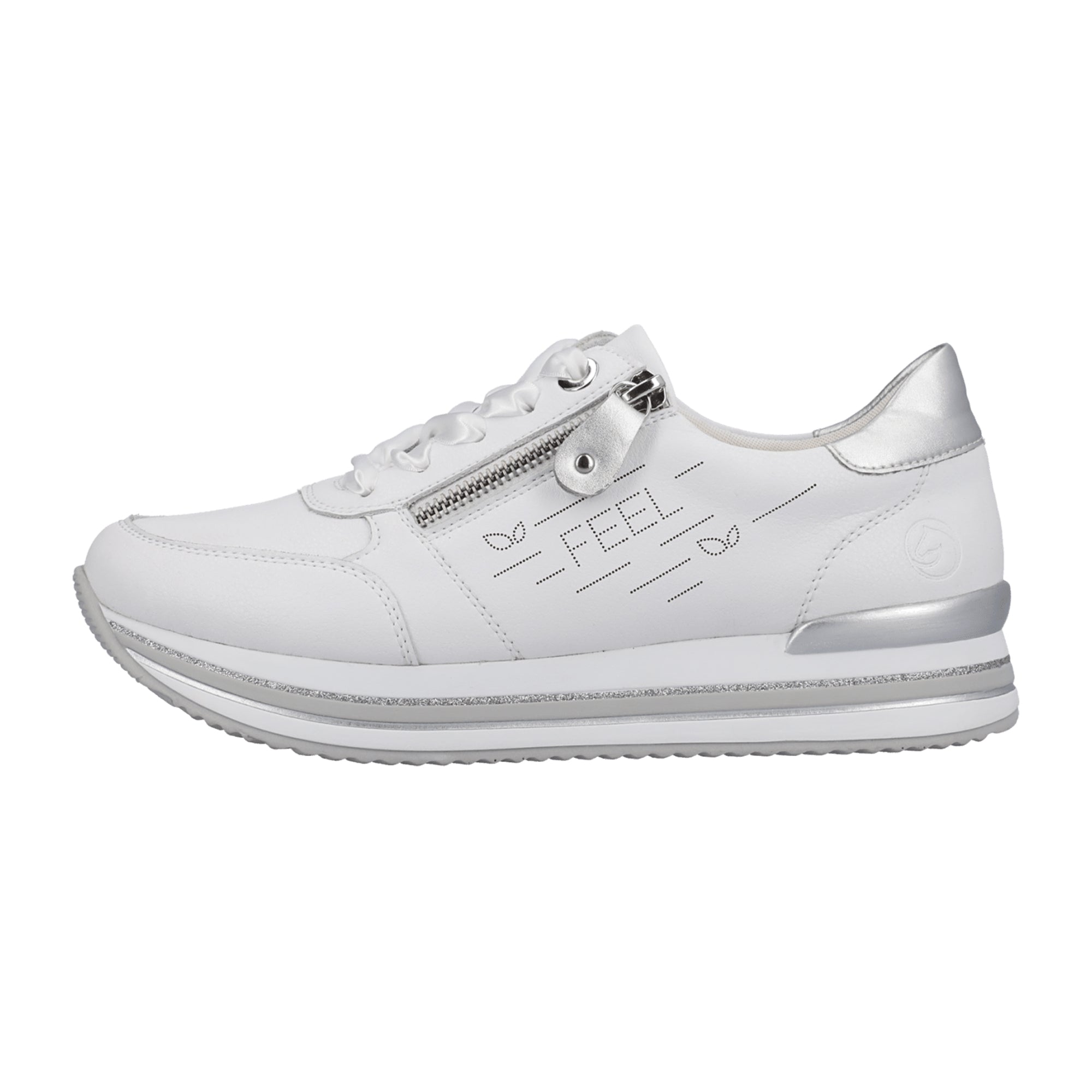 Remonte White Leather Sneakers for Women with Zipper and Lace-Up Closure