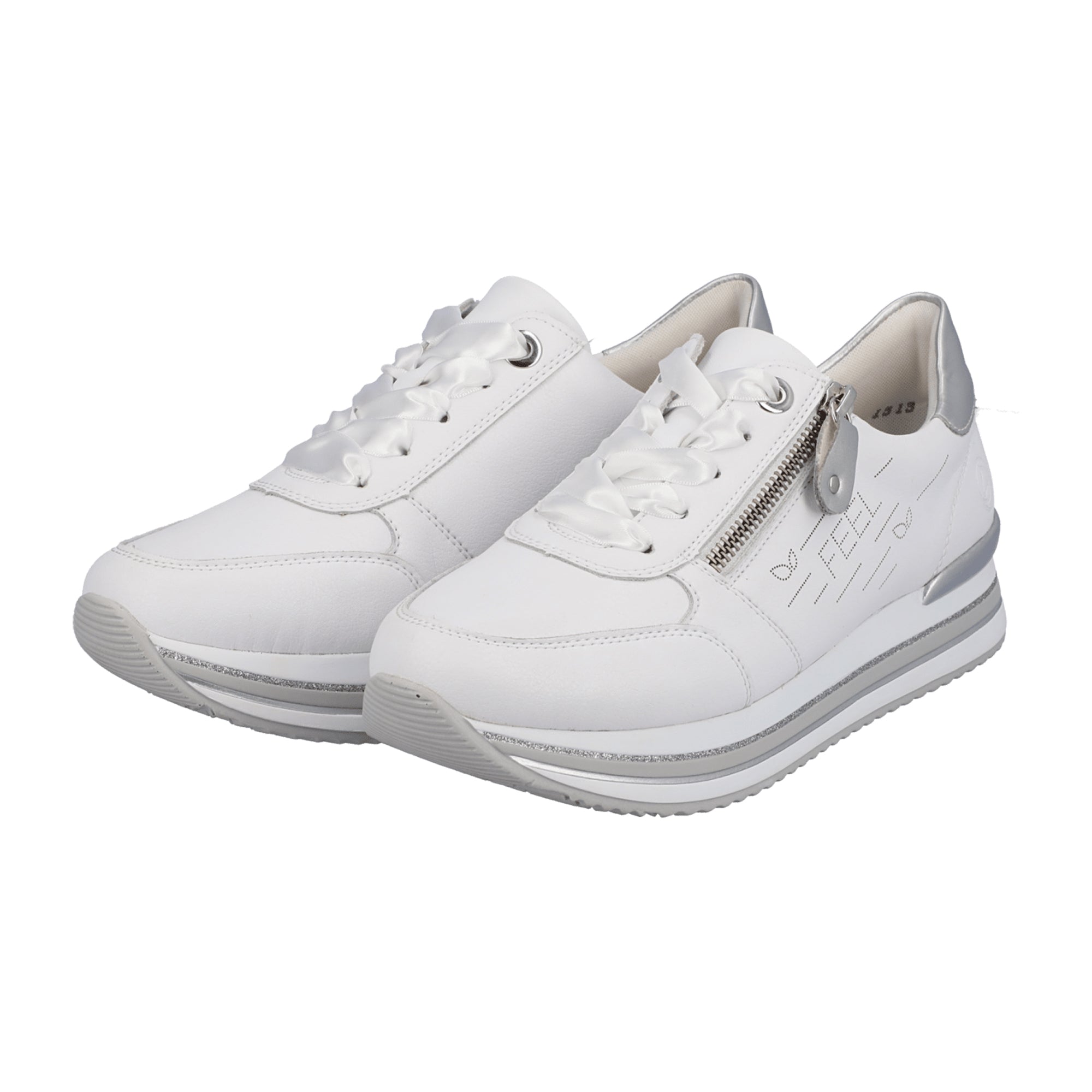 Remonte White Leather Sneakers for Women with Zipper and Lace-Up Closure