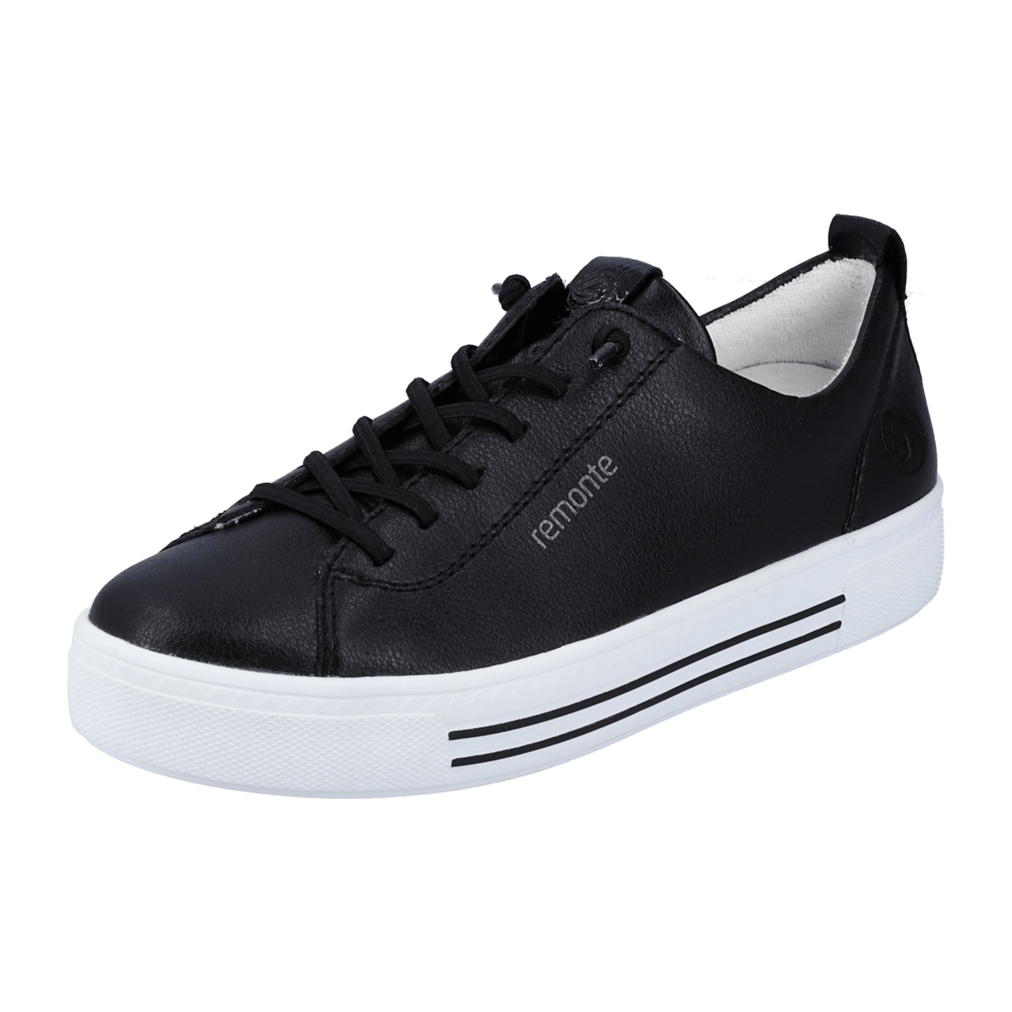 Remonte Women's Black Leather Platform Sneakers with Laces and Elastic Strap