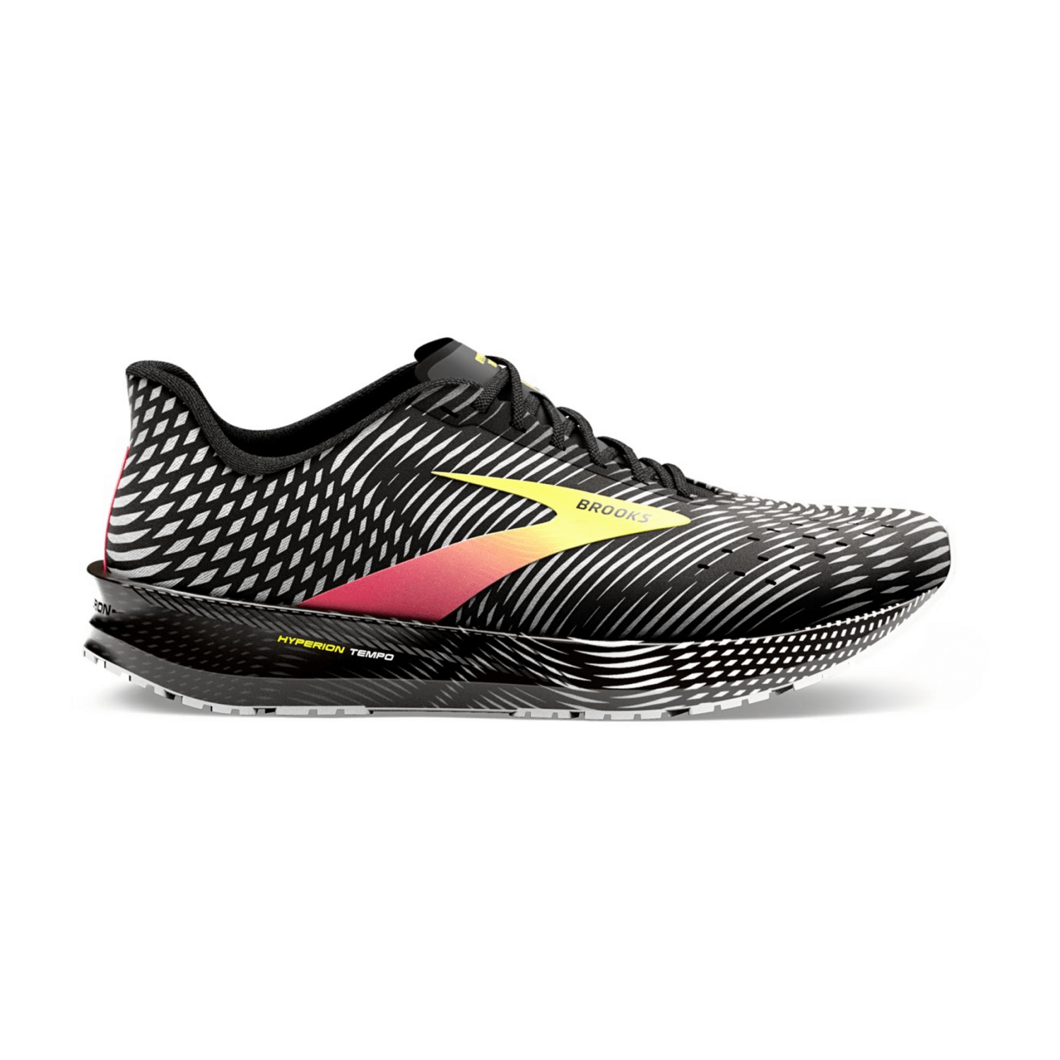 Brooks Men's Hyperion Tempo Running Shoes - Black/Rosa/Yellow Textile Upper with Rubber Sole