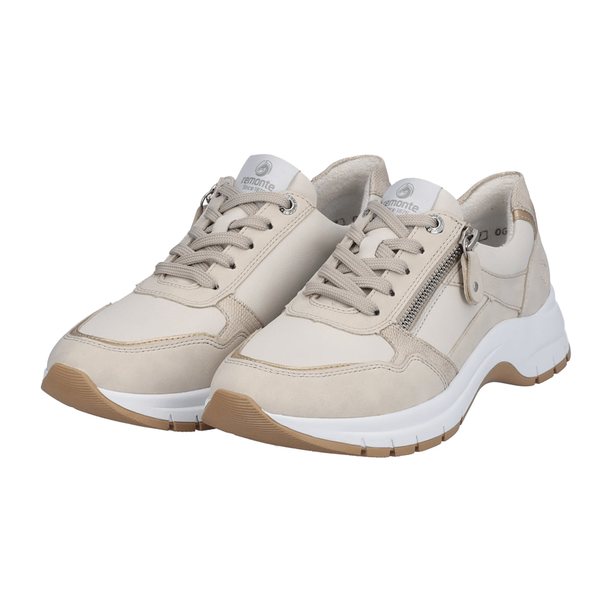 Remonte Beige Comfort Sneakers for Women with Zipper and Lace-Up Closure