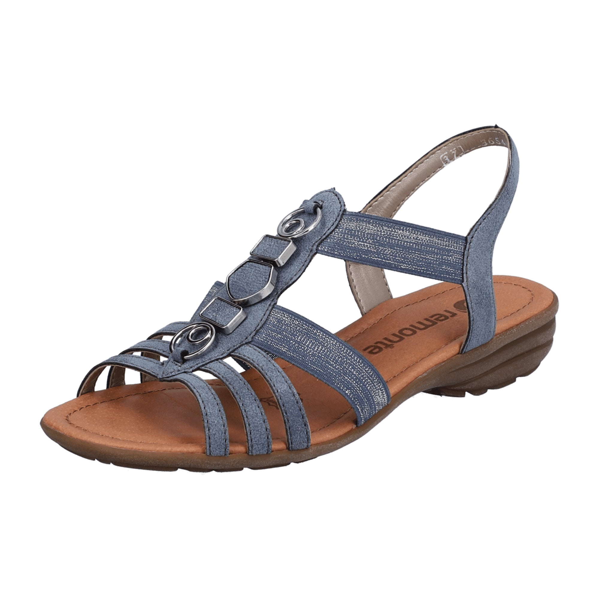 Remonte Blue Strappy Sandals for Women with Elastic Insert and Decorative Elements