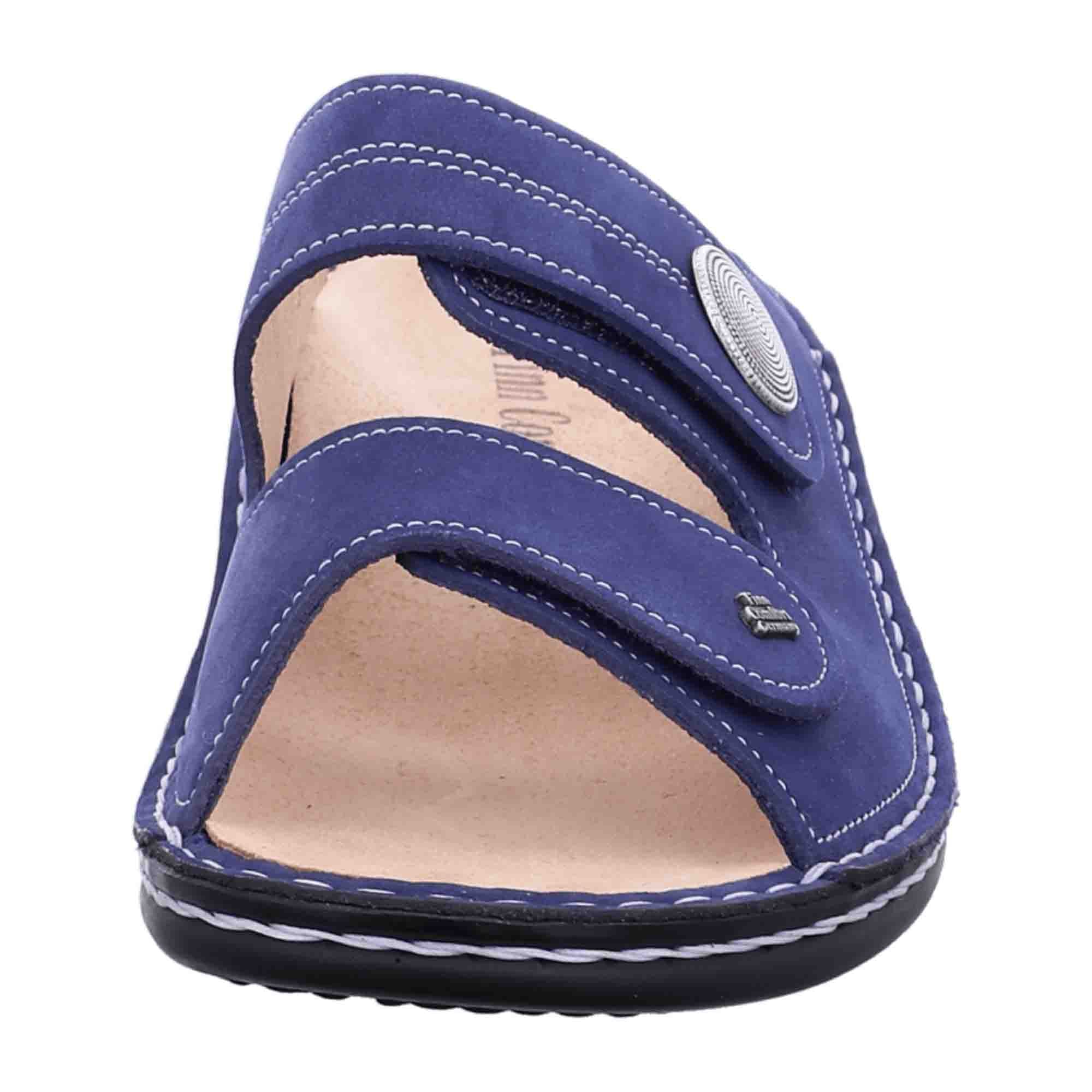 Finn Comfort Sansibar Women's Comfort Slides - Blue Nubuck Leather Sandals with Adjustable Straps