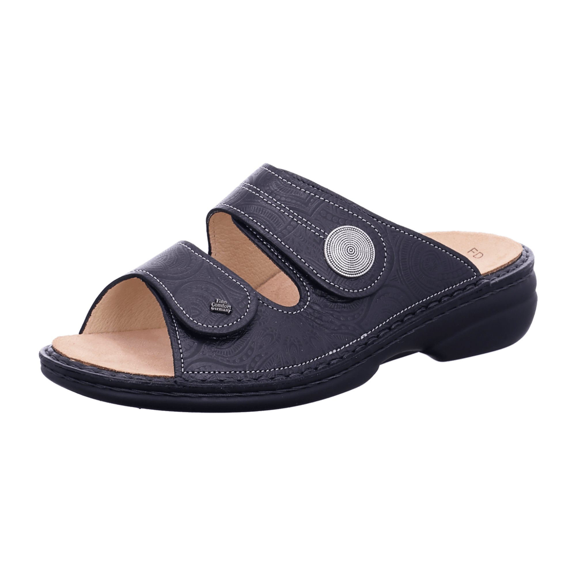 Finn Comfort Sansibar Women's Slides - Black Leather Comfort Sandals with Orthopedic Footbed
