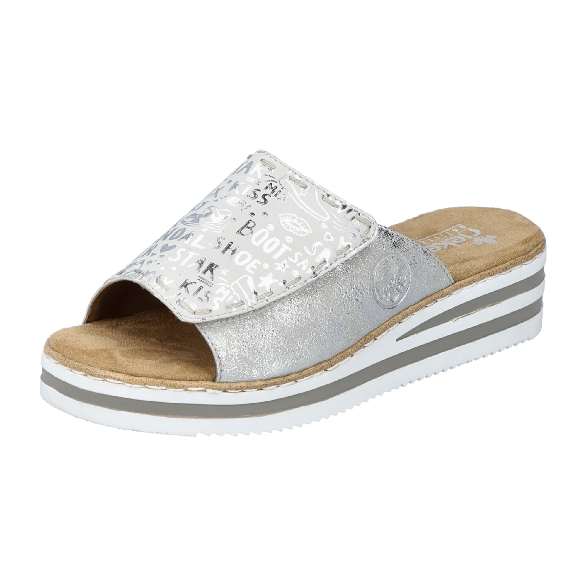 Rieker Women's Silver Slide Sandals with Velcro Strap and Cushioned Sole