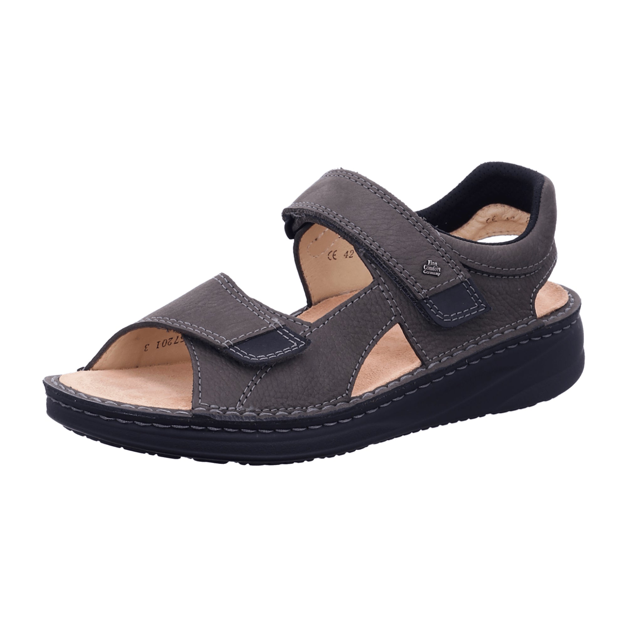 Finn Comfort Skiathos Men's Comfort Sandals - Grey/Black Leather with Adjustable Soft Footbed