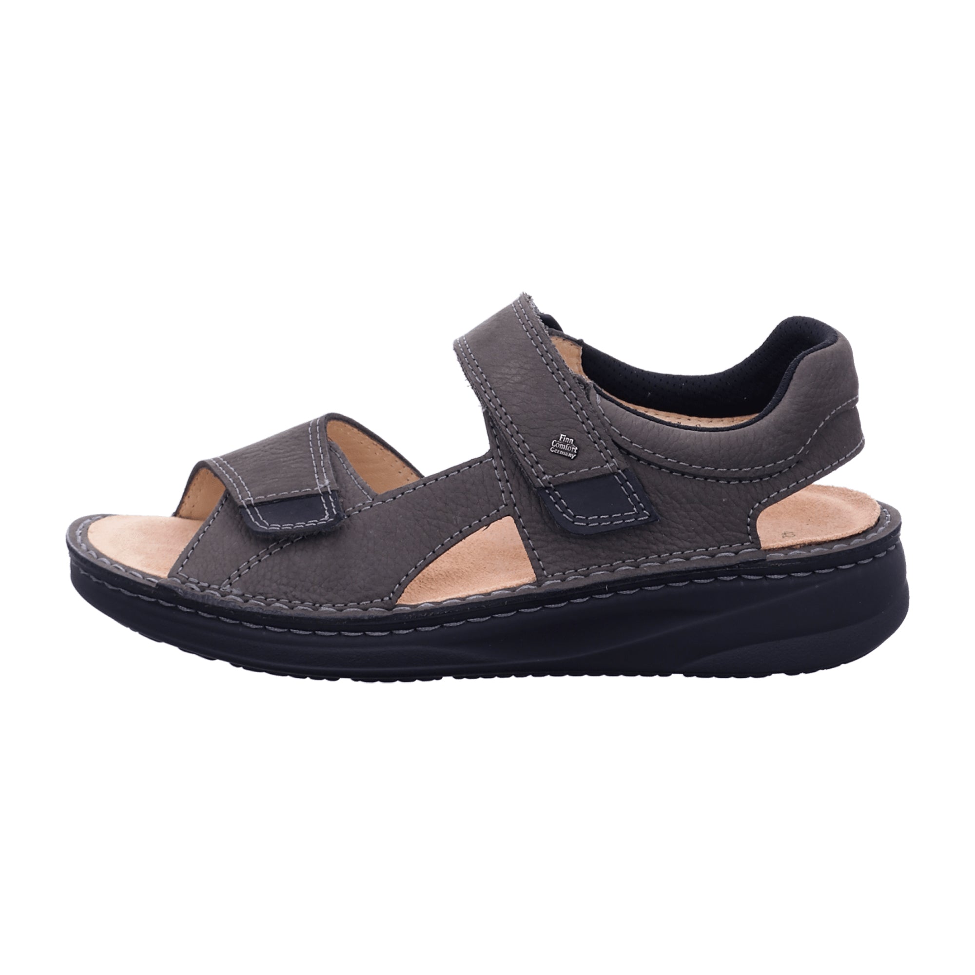 Finn Comfort Skiathos Men's Comfort Sandals - Grey/Black Leather with Adjustable Soft Footbed