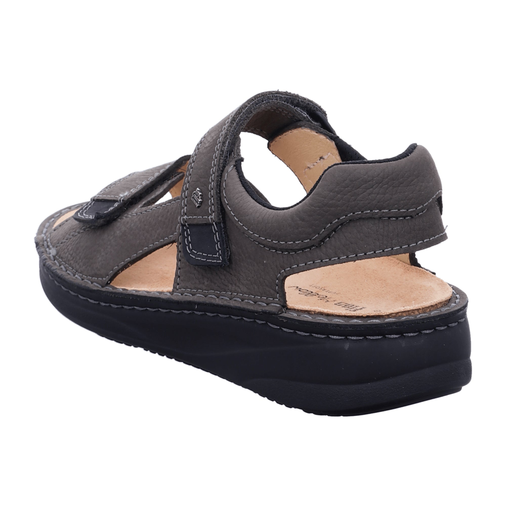 Finn Comfort Skiathos Men's Comfort Sandals - Grey/Black Leather with Adjustable Soft Footbed