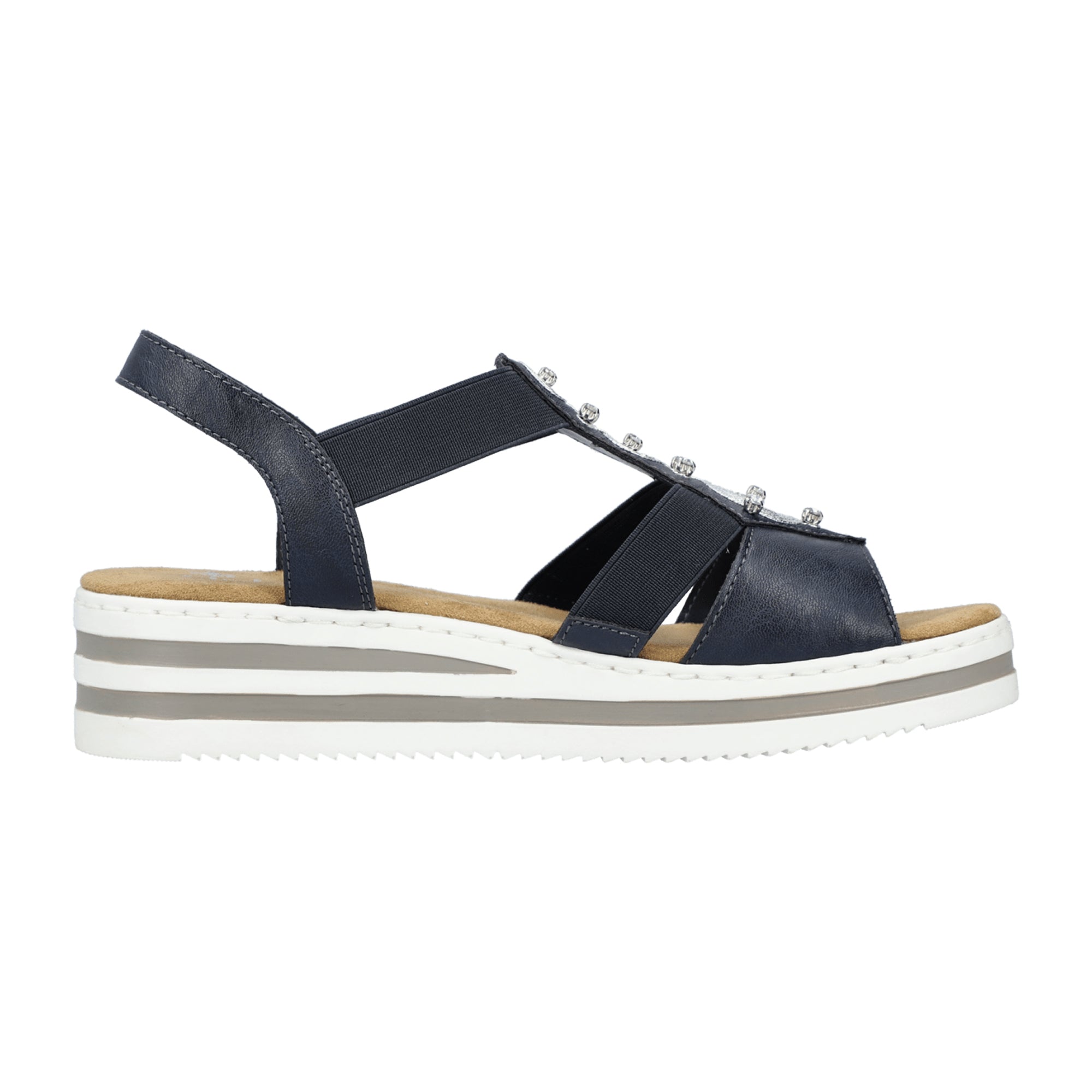 Rieker Blue Wedge Sandals for Women with Elastic Straps and Silver Accents